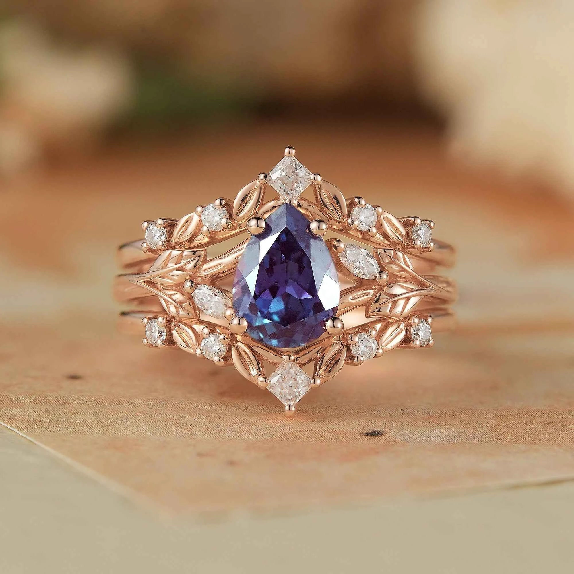 Alexandrite & Moissanite Enhancer Ring Set 2pcs - Selene - GemsMagic