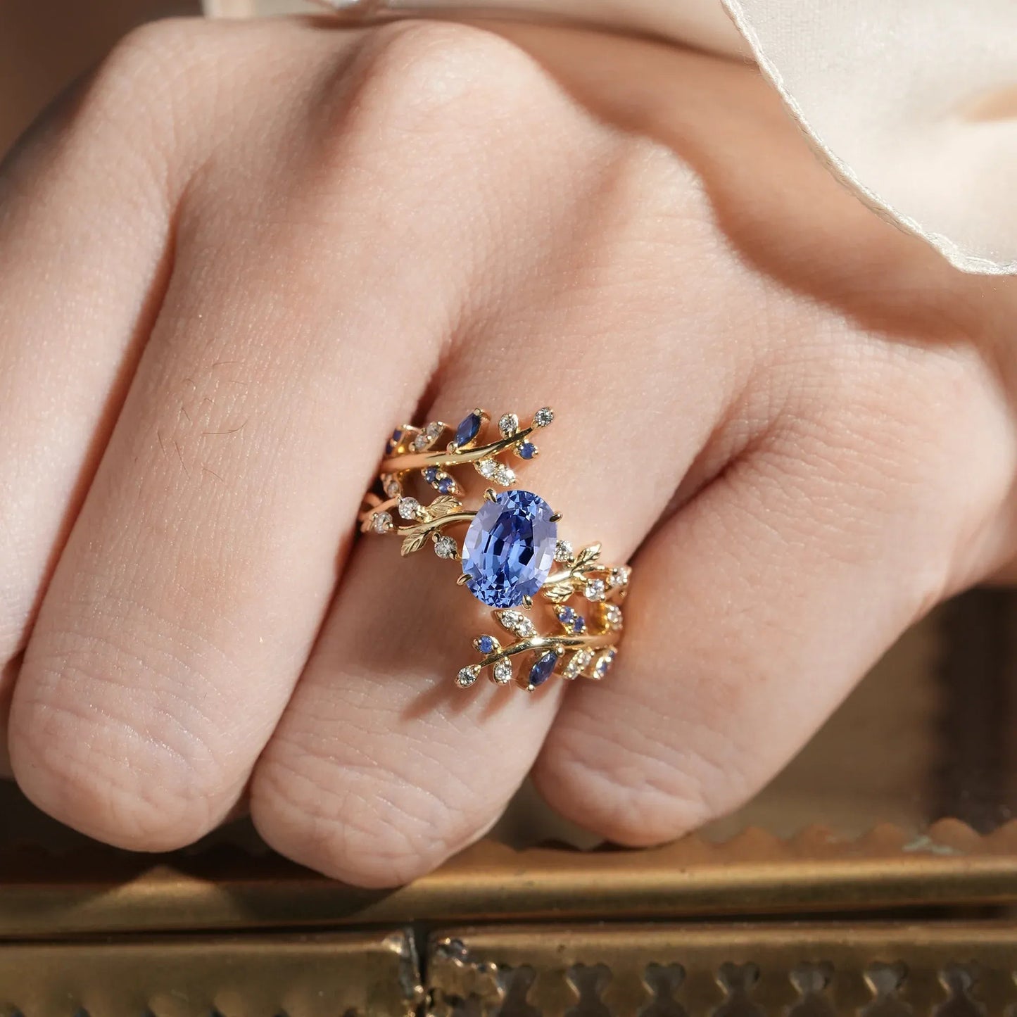 Aphrodite's Cornflower Sapphire Cross Leaf Ehancer Ring Set - Keirac - GemsMagic