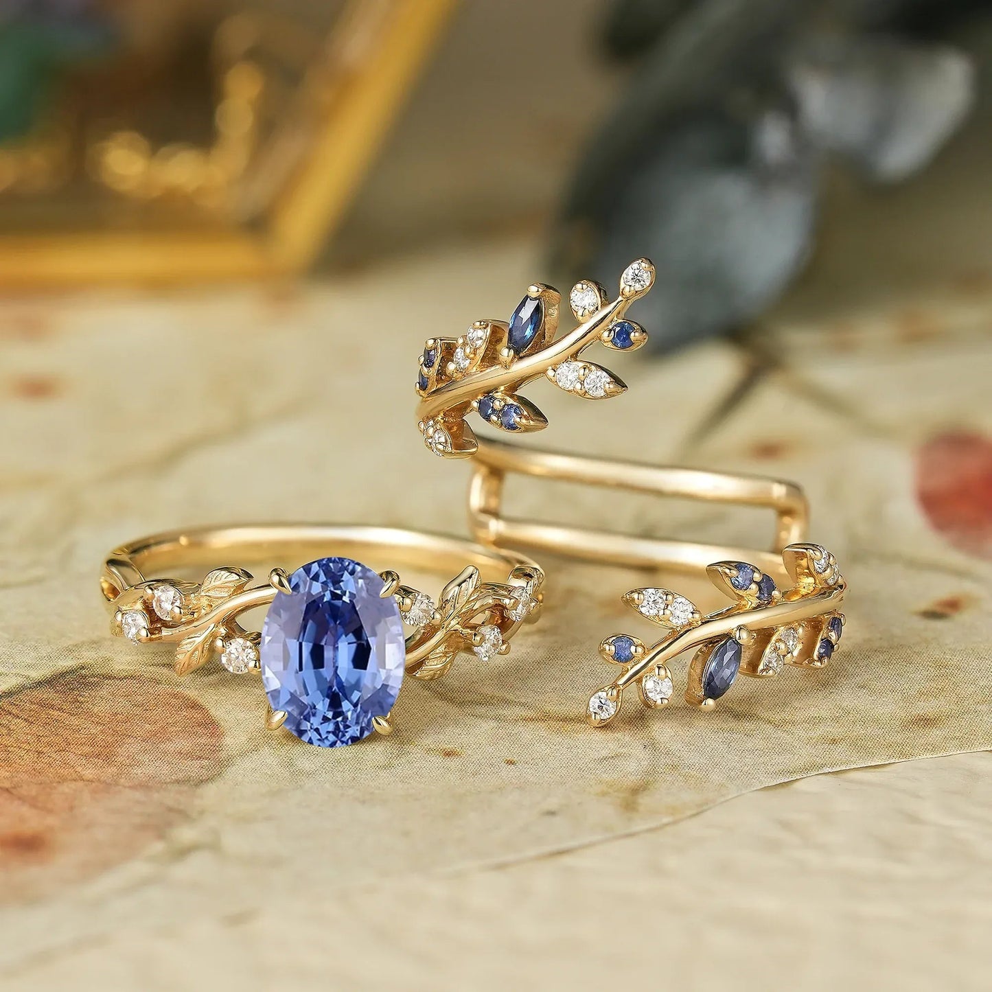 Aphrodite's Cornflower Sapphire Cross Leaf Ehancer Ring Set - Keirac - GemsMagic
