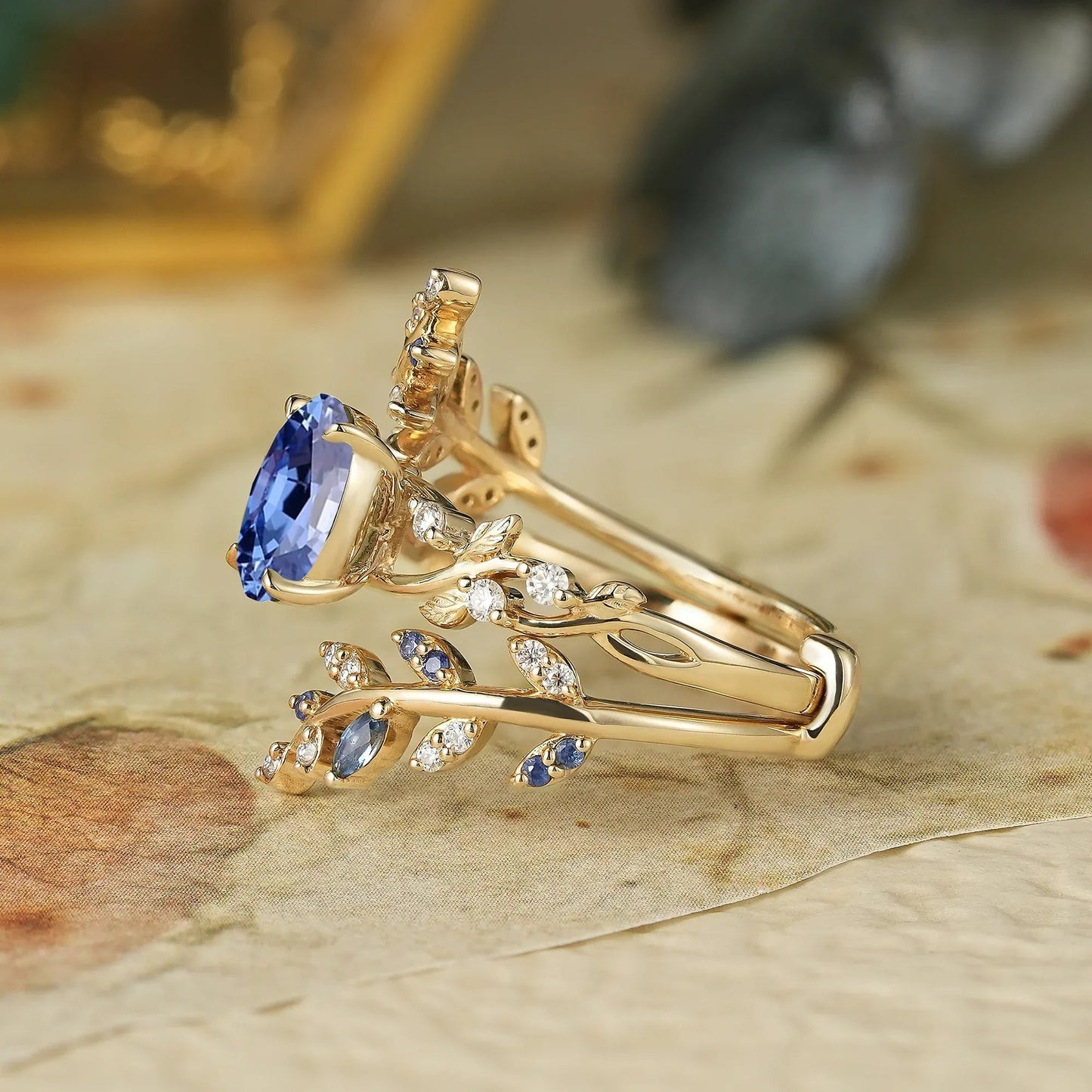 Aphrodite's Cornflower Sapphire Cross Leaf Ehancer Ring Set - Keirac - GemsMagic