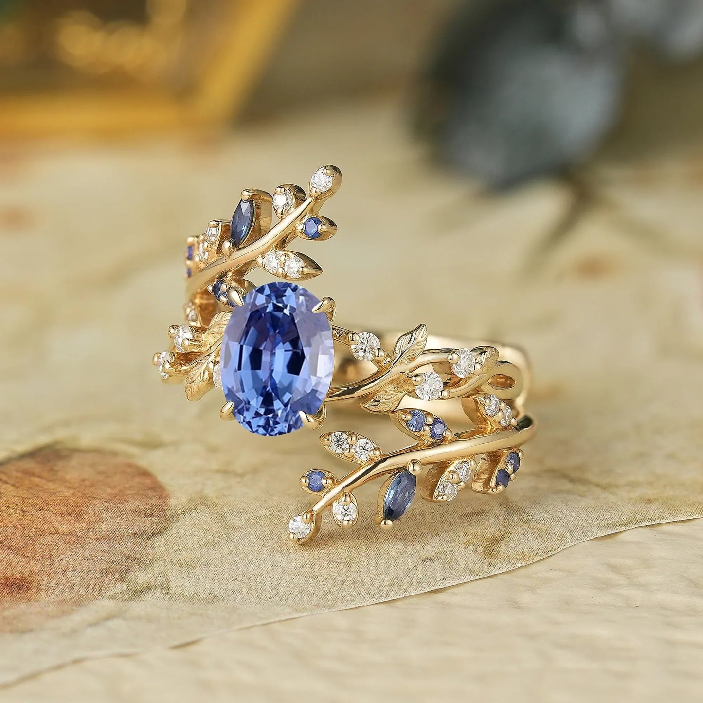 Aphrodite's Cornflower Sapphire Cross Leaf Ehancer Ring Set - Keirac - GemsMagic