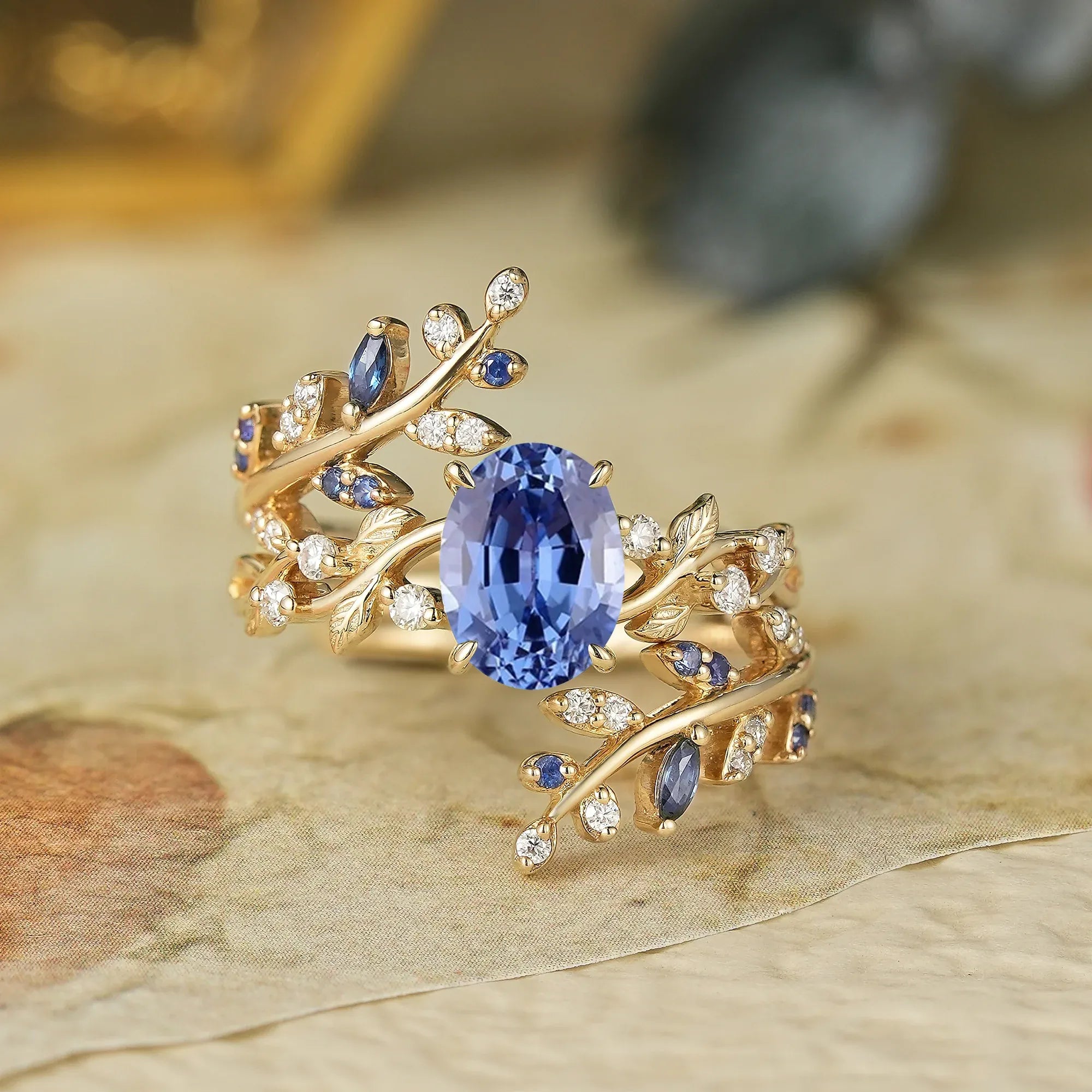 Aphrodite's Cornflower Sapphire Cross Leaf Ehancer Ring Set - Keirac - GemsMagic