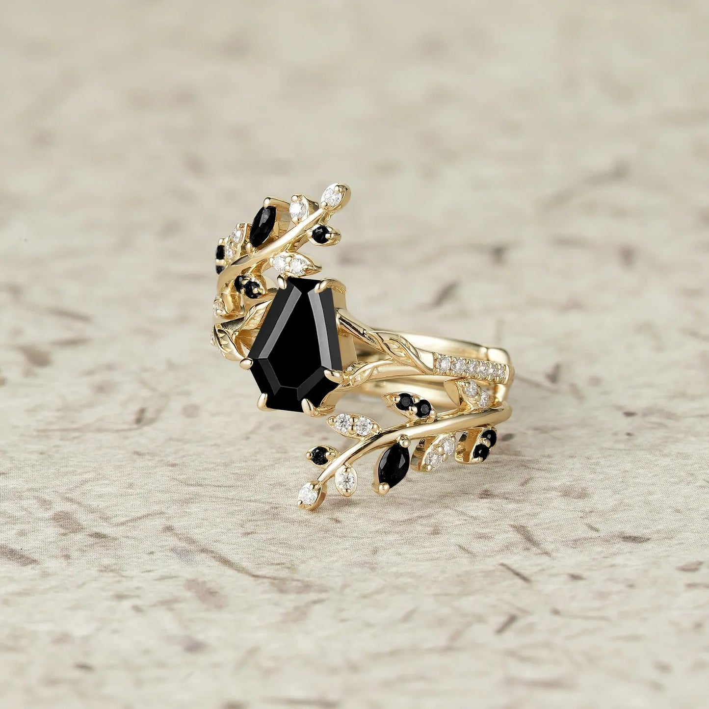 Aphrodite's Enchanted Vine | A Mythical Black Onyx Engagement Ring Set - GemsMagic