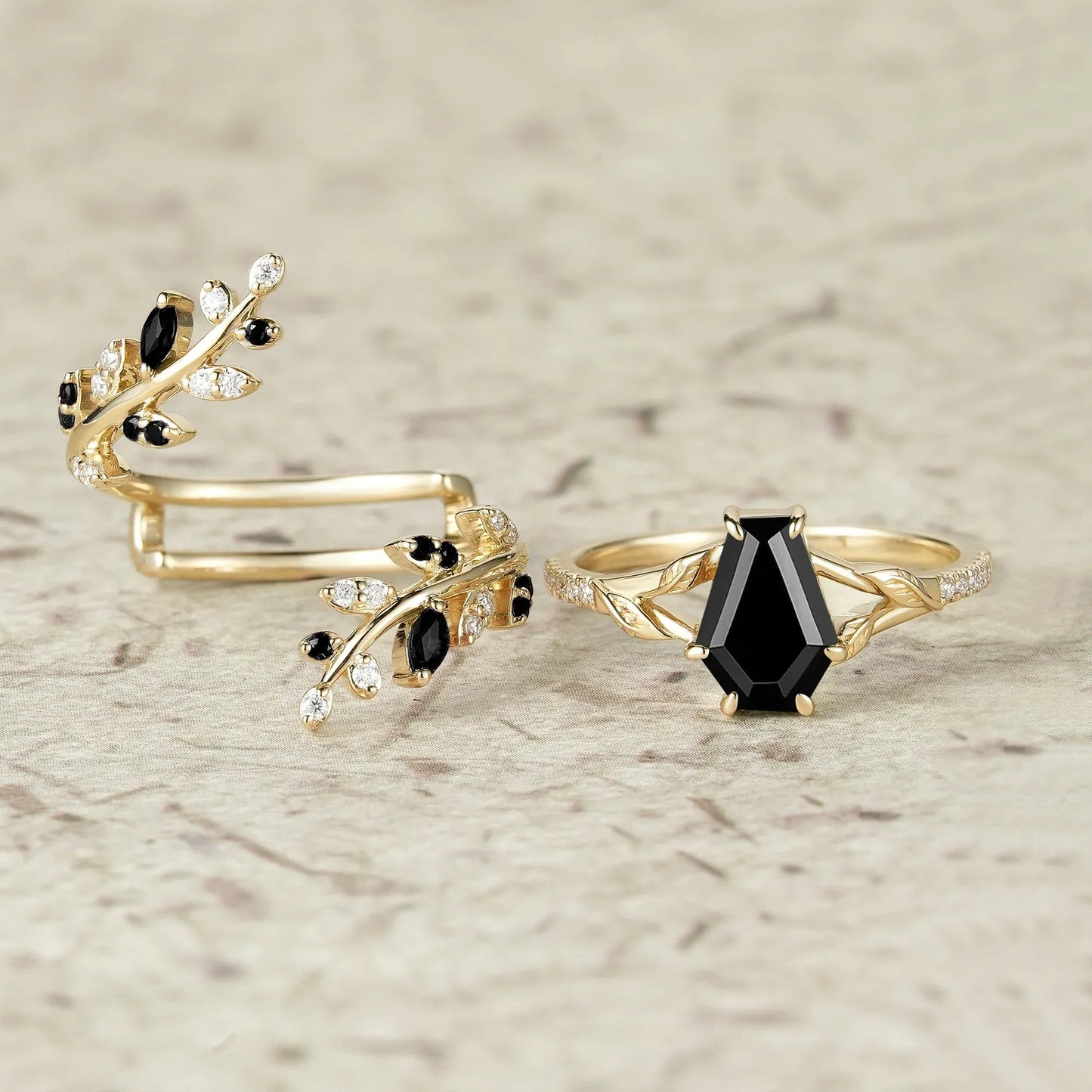 Aphrodite's Enchanted Vine | A Mythical Black Onyx Engagement Ring Set - GemsMagic