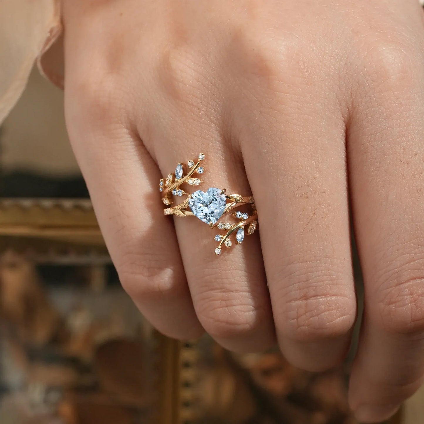 Aphrodite's Enchanted Vine | A Mythical Heart Shaped Aquamarine Engagement Ring Set - GemsMagic