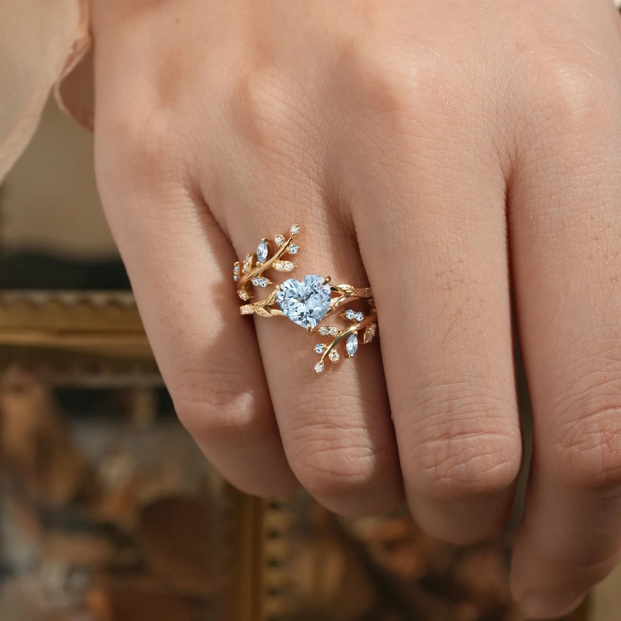 Aphrodite's Enchanted Vine | A Mythical Heart Shaped Aquamarine Engagement Ring Set - GemsMagic