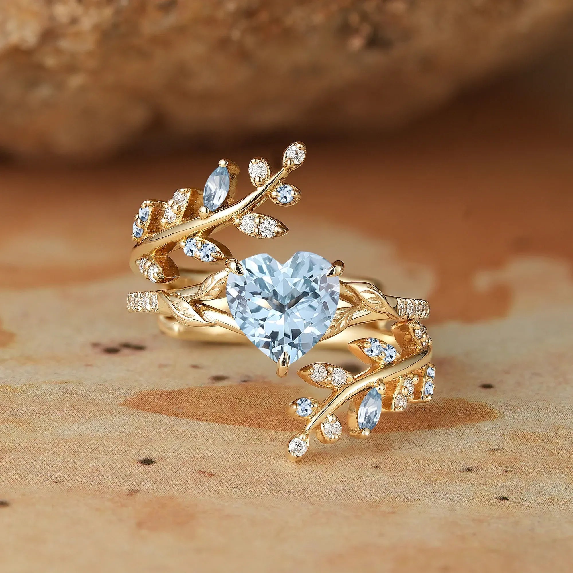 Aphrodite's Enchanted Vine | A Mythical Heart Shaped Aquamarine Engagement Ring Set - GemsMagic