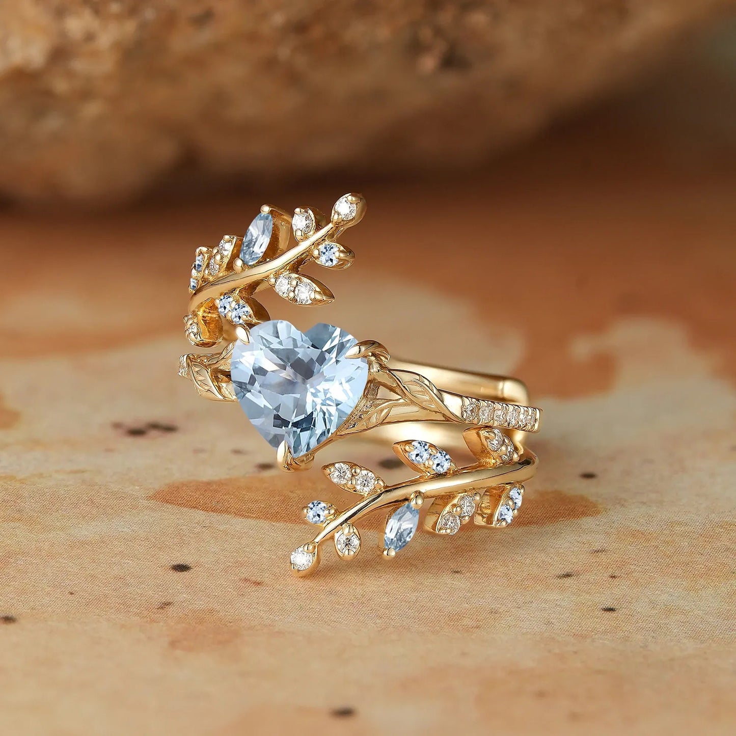 Aphrodite's Enchanted Vine | A Mythical Heart Shaped Aquamarine Engagement Ring Set - GemsMagic