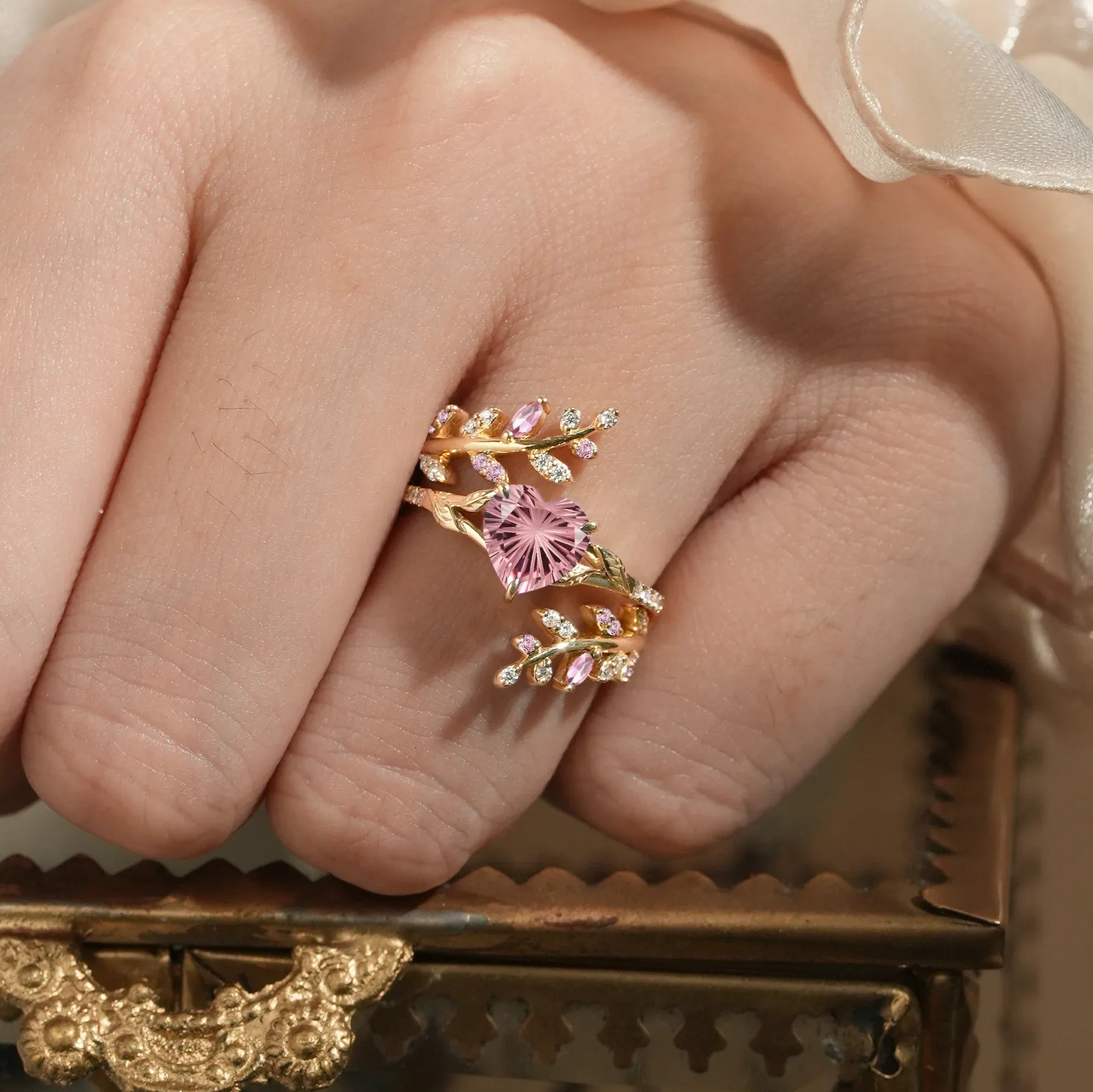 Aphrodite's Enchanted Vine | A Mythical Heart Shaped Sparkle Cut Padparadscha Engagement Ring Set - GemsMagic