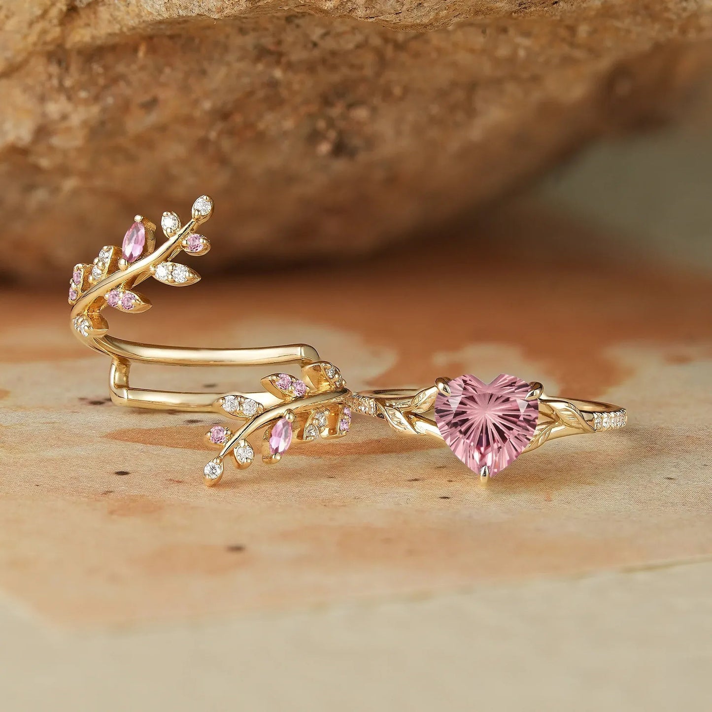 Aphrodite's Enchanted Vine | A Mythical Heart Shaped Sparkle Cut Padparadscha Engagement Ring Set - GemsMagic