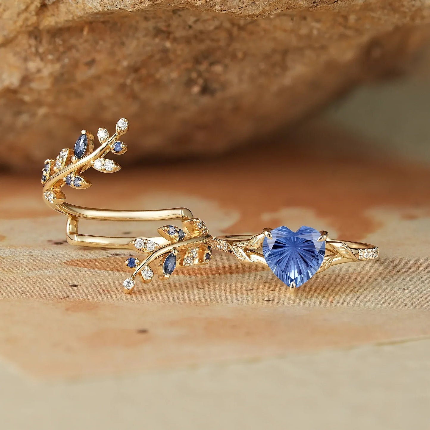 Aphrodite's Enchanted Vine | A Mythical Heart Shaped Sparkle Cut Sapphire Engagement Ring Set - GemsMagic