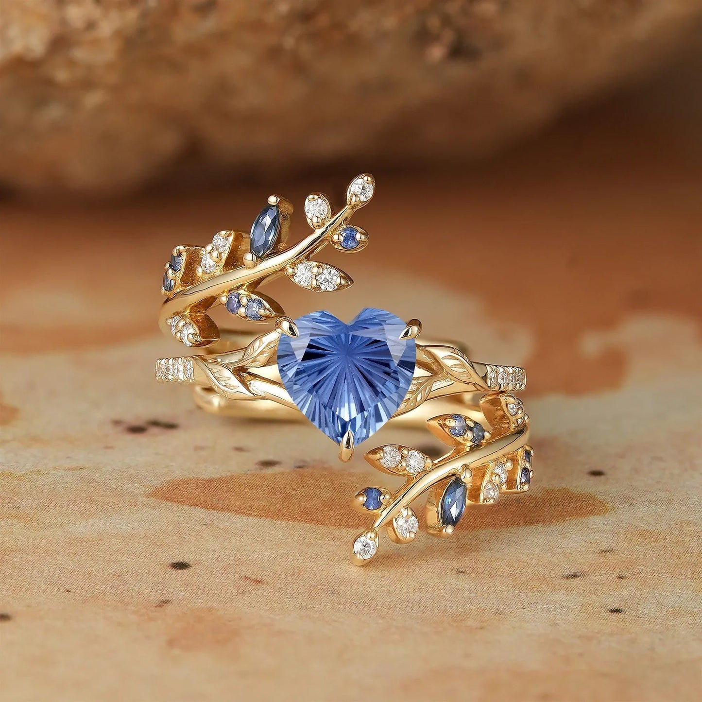 Aphrodite's Enchanted Vine | A Mythical Heart Shaped Sparkle Cut Sapphire Engagement Ring Set - GemsMagic