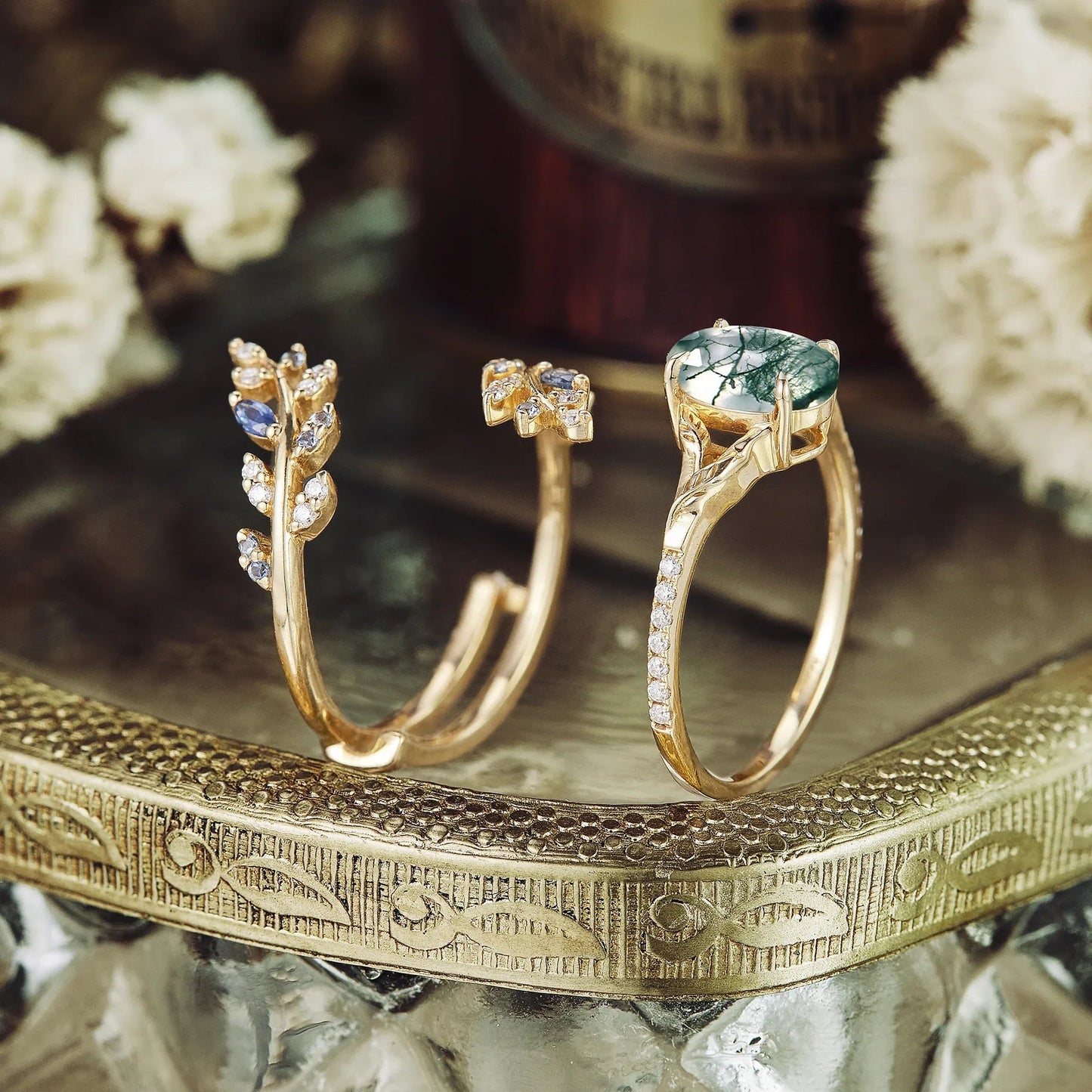 Aphrodite's Enchanted Vine | A Mythical Moss Agate and Sapphire Engagement Ring Set - GemsMagic