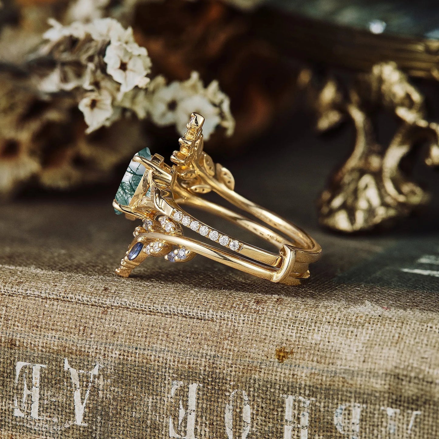 Aphrodite's Enchanted Vine | A Mythical Moss Agate and Sapphire Engagement Ring Set - GemsMagic