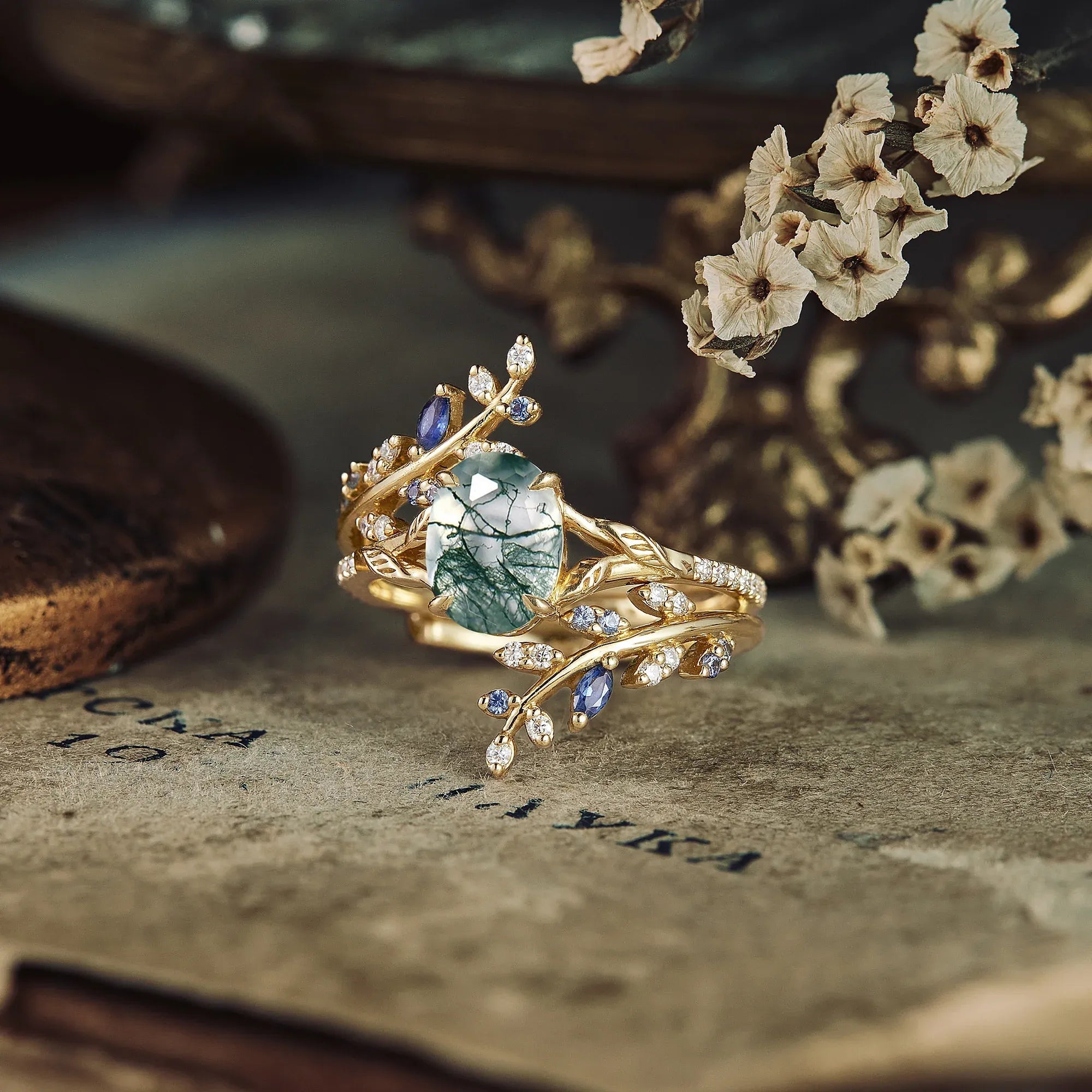 Aphrodite's Enchanted Vine | A Mythical Moss Agate and Sapphire Engagement Ring Set - GemsMagic
