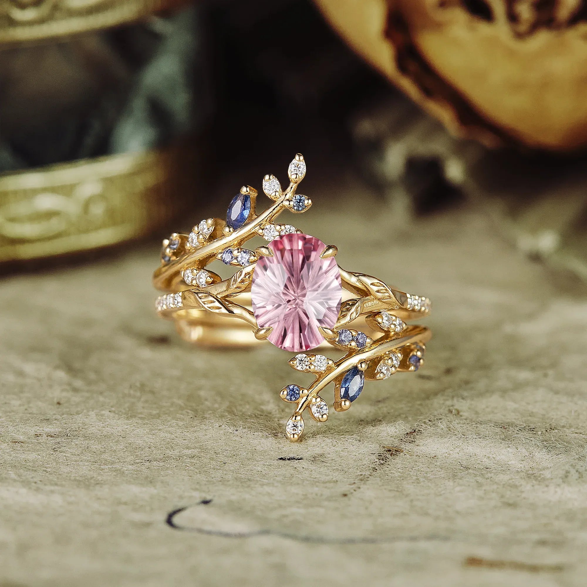 Aphrodite's Enchanted Vine | A Mythical Sparkle Cut Padparadscha Engagement Ring Set - GemsMagic