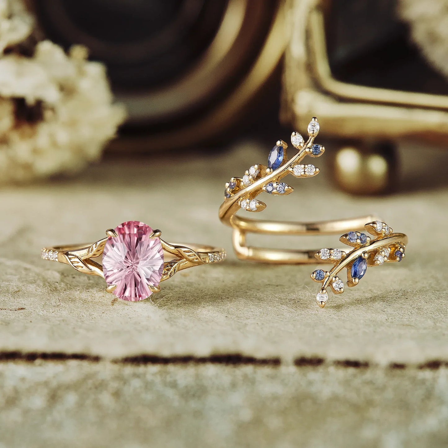 Aphrodite's Enchanted Vine | A Mythical Sparkle Cut Padparadscha Engagement Ring Set - GemsMagic