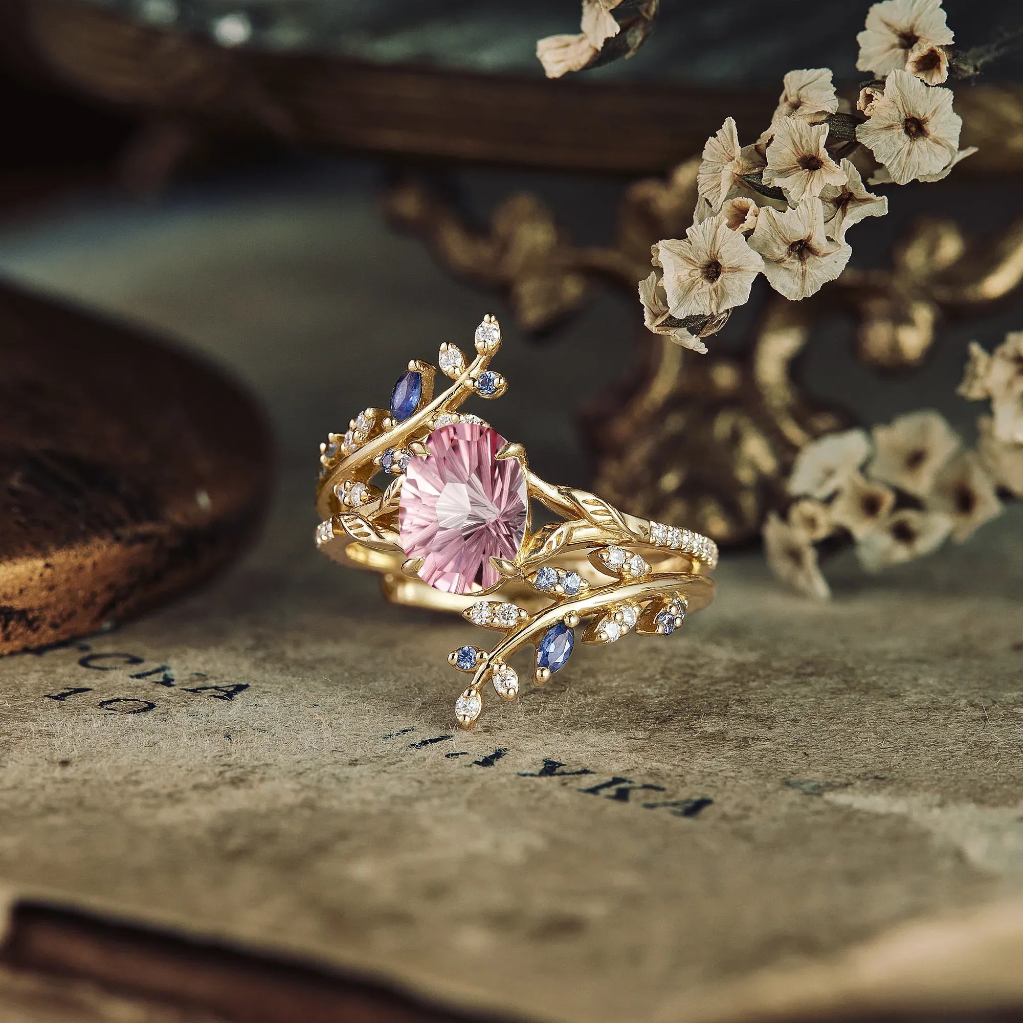 Aphrodite's Enchanted Vine | A Mythical Sparkle Cut Padparadscha Engagement Ring Set - GemsMagic