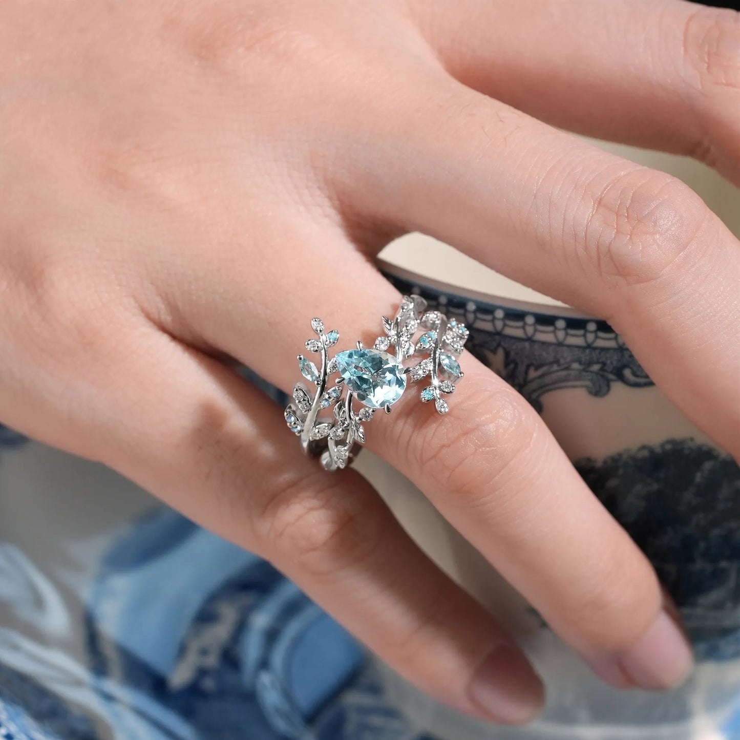 Aphrodite's Enchanted Vine| Blue Topaz Cross Leaf Ehancer Ring Set - Leah - GemsMagic
