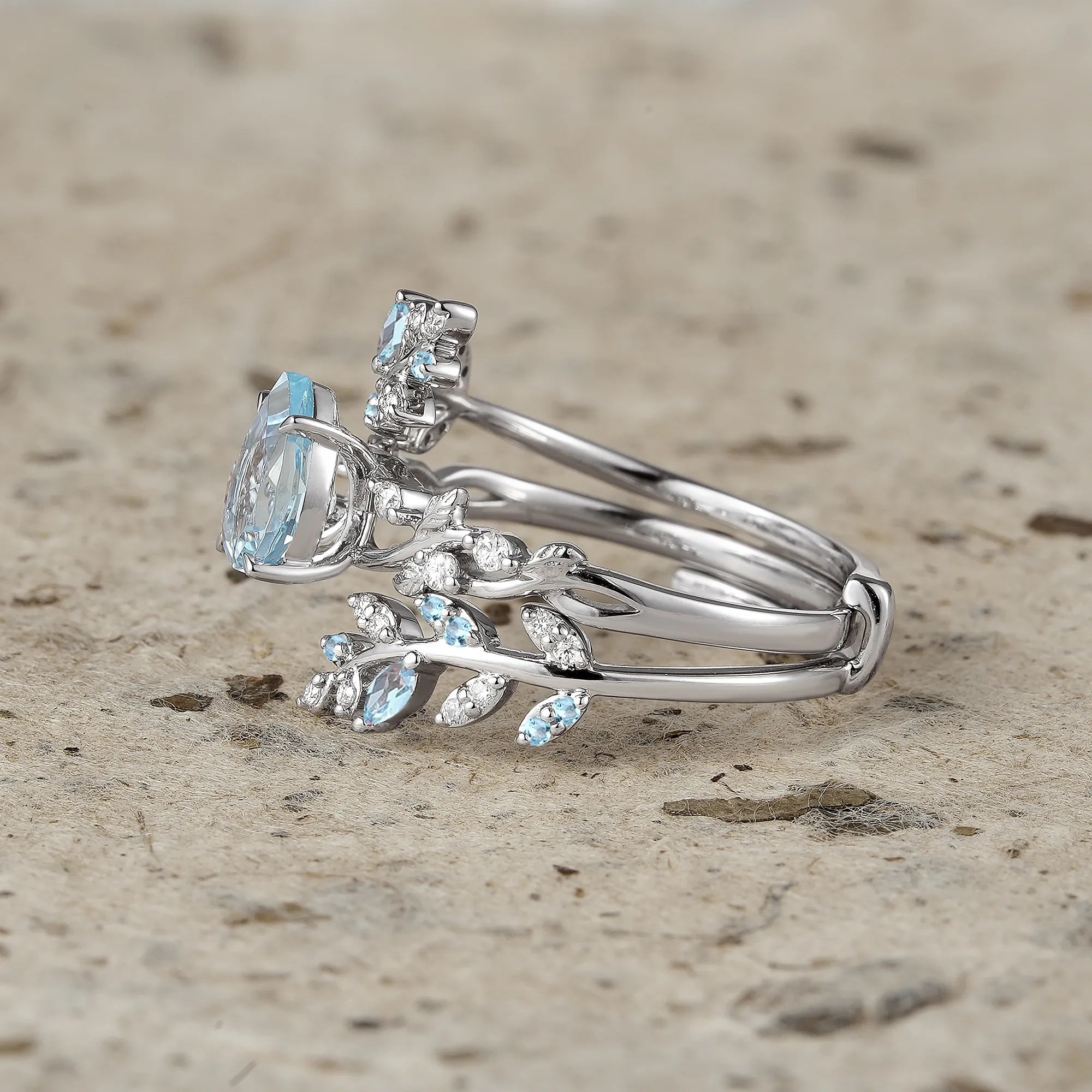 Aphrodite's Enchanted Vine| Blue Topaz Cross Leaf Ehancer Ring Set - Leah - GemsMagic