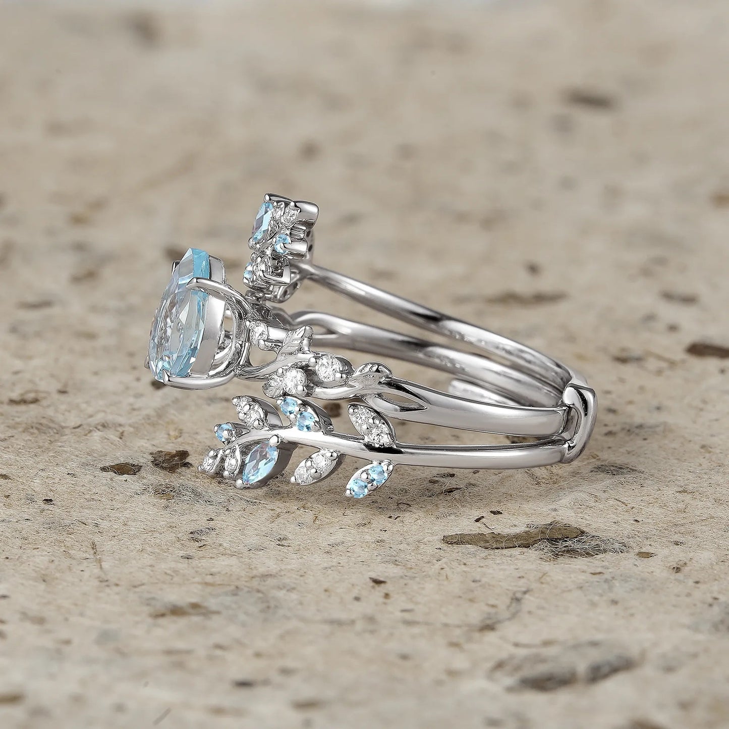 Aphrodite's Enchanted Vine| Blue Topaz Cross Leaf Ehancer Ring Set - Leah - GemsMagic