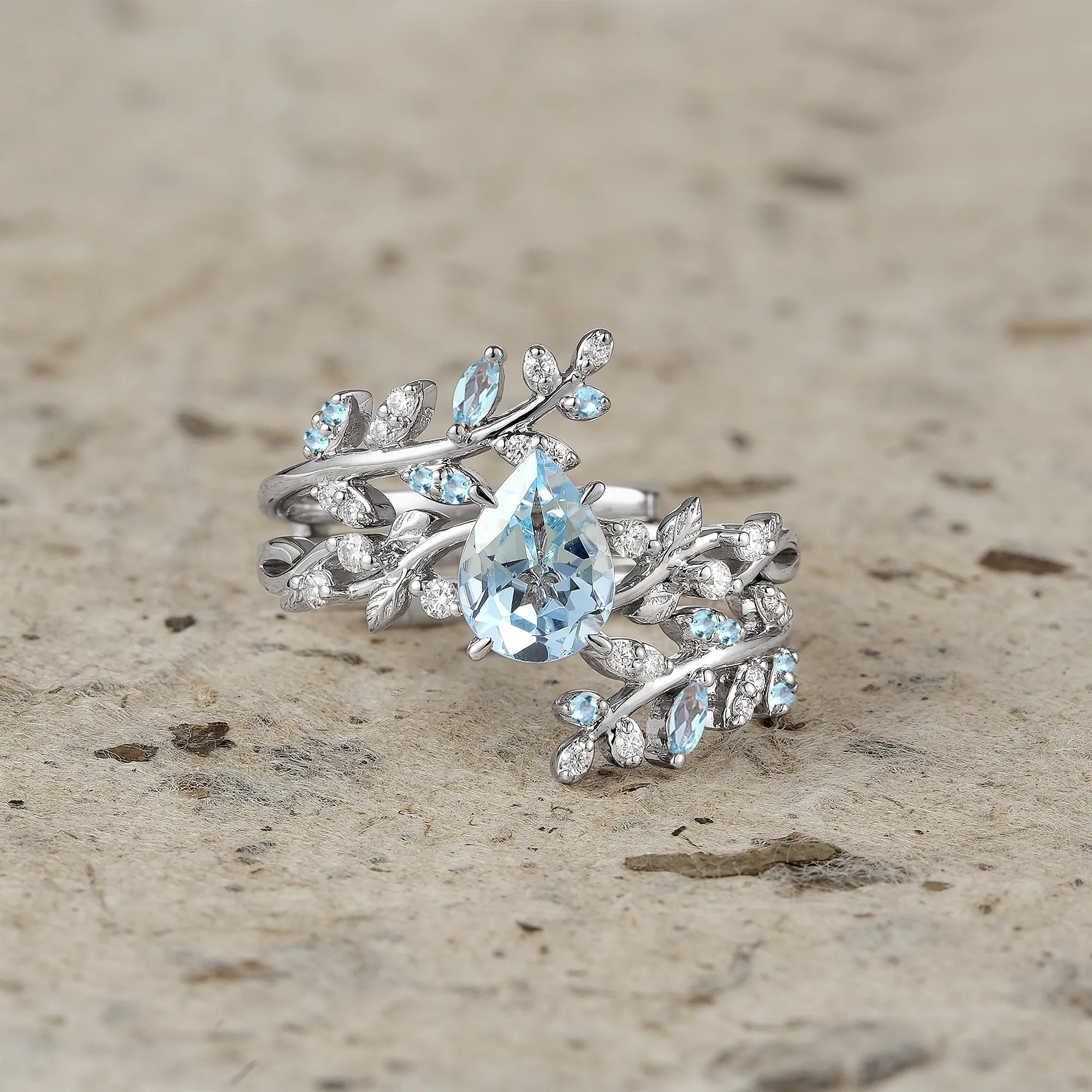 Aphrodite's Enchanted Vine| Blue Topaz Cross Leaf Ehancer Ring Set - Leah - GemsMagic