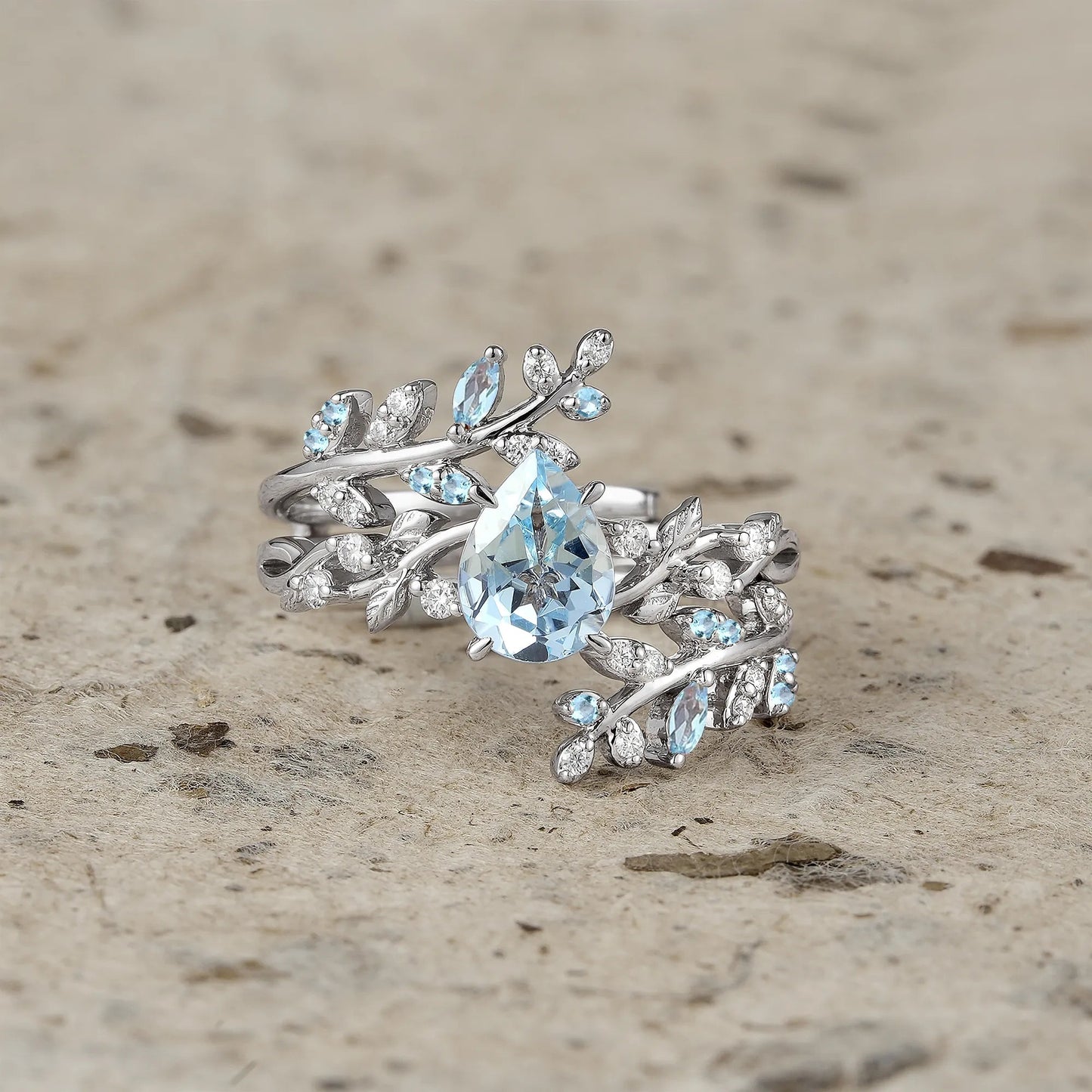 Aphrodite's Enchanted Vine| Blue Topaz Cross Leaf Ehancer Ring Set - Leah - GemsMagic