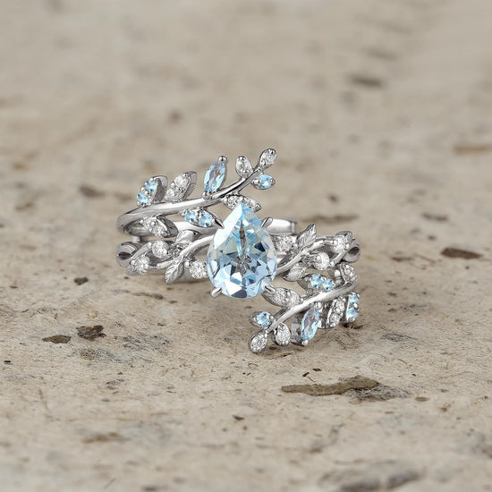 Aphrodite's Enchanted Vine| Blue Topaz Cross Leaf Ehancer Ring Set - Leah - GemsMagic