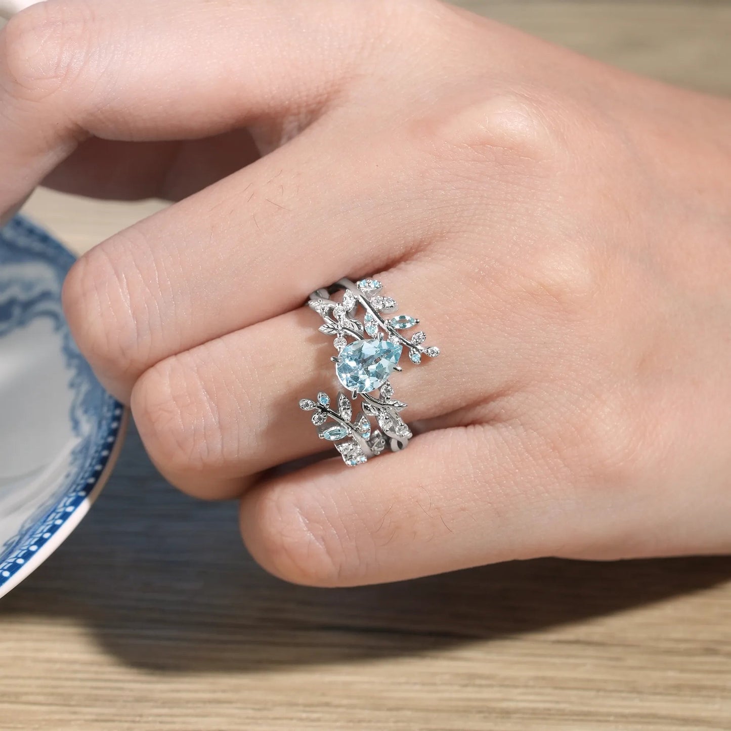 Aphrodite's Enchanted Vine| Blue Topaz Cross Leaf Ehancer Ring Set - Leah - GemsMagic