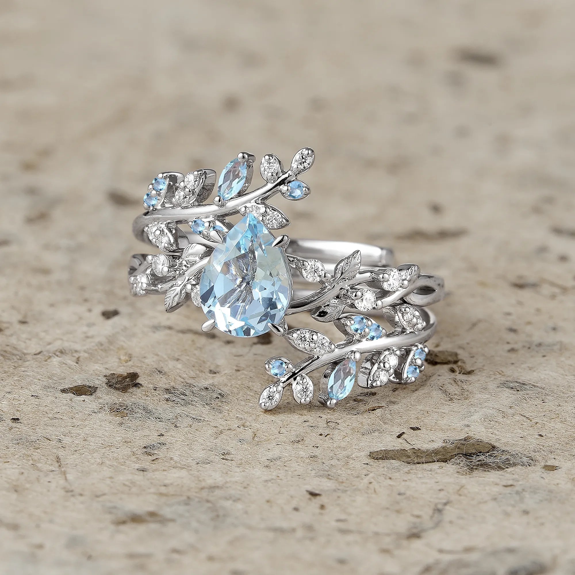 Aphrodite's Enchanted Vine| Blue Topaz Cross Leaf Ehancer Ring Set - Leah - GemsMagic