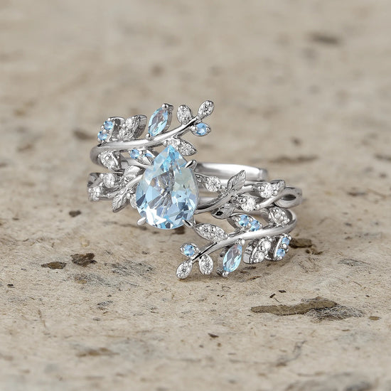 Aphrodite's Enchanted Vine| Blue Topaz Cross Leaf Ehancer Ring Set - Leah - GemsMagic