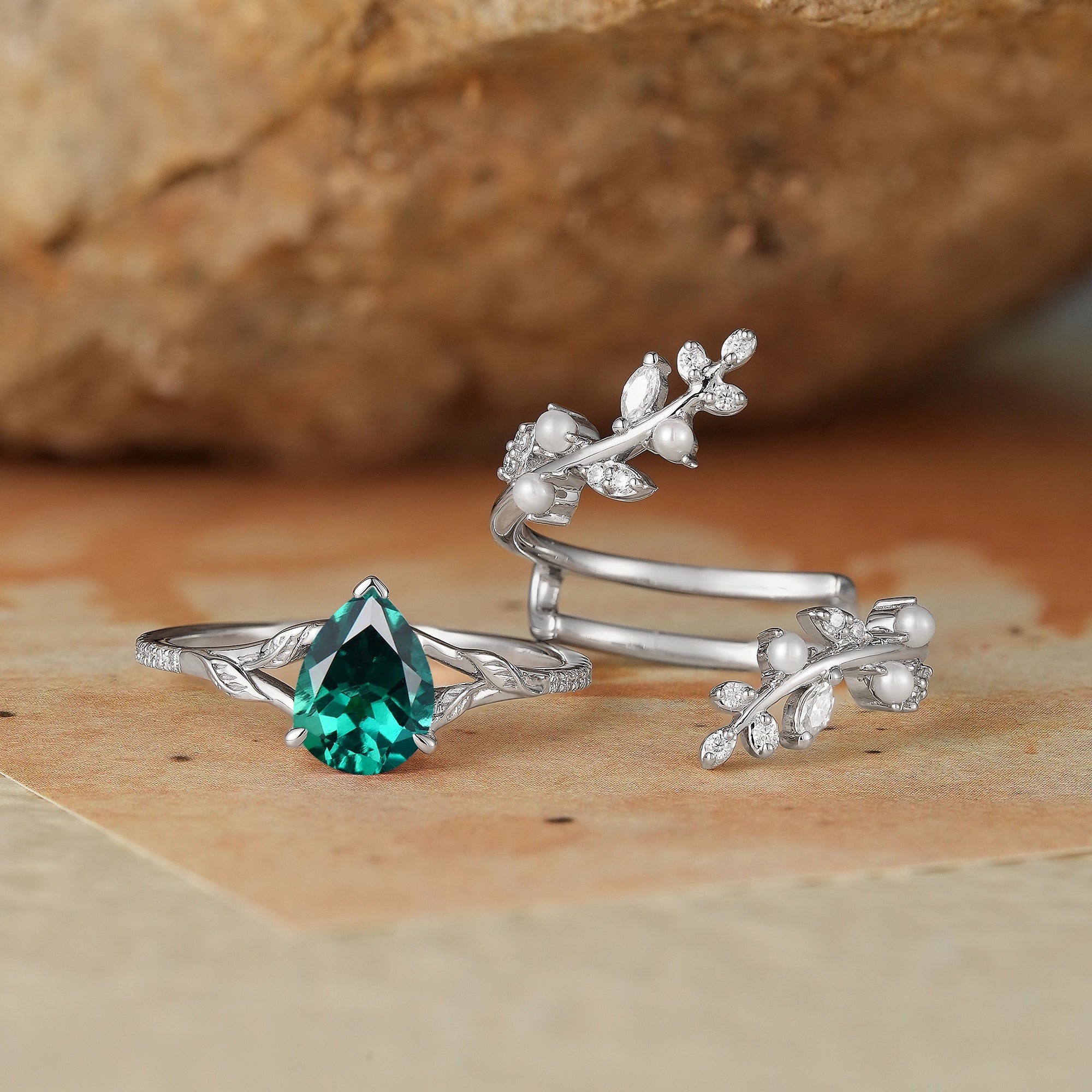 Aphrodite's Enchanted Vine | Emerald & Pearl Leaf Ring Set - Juniper - GemsMagic