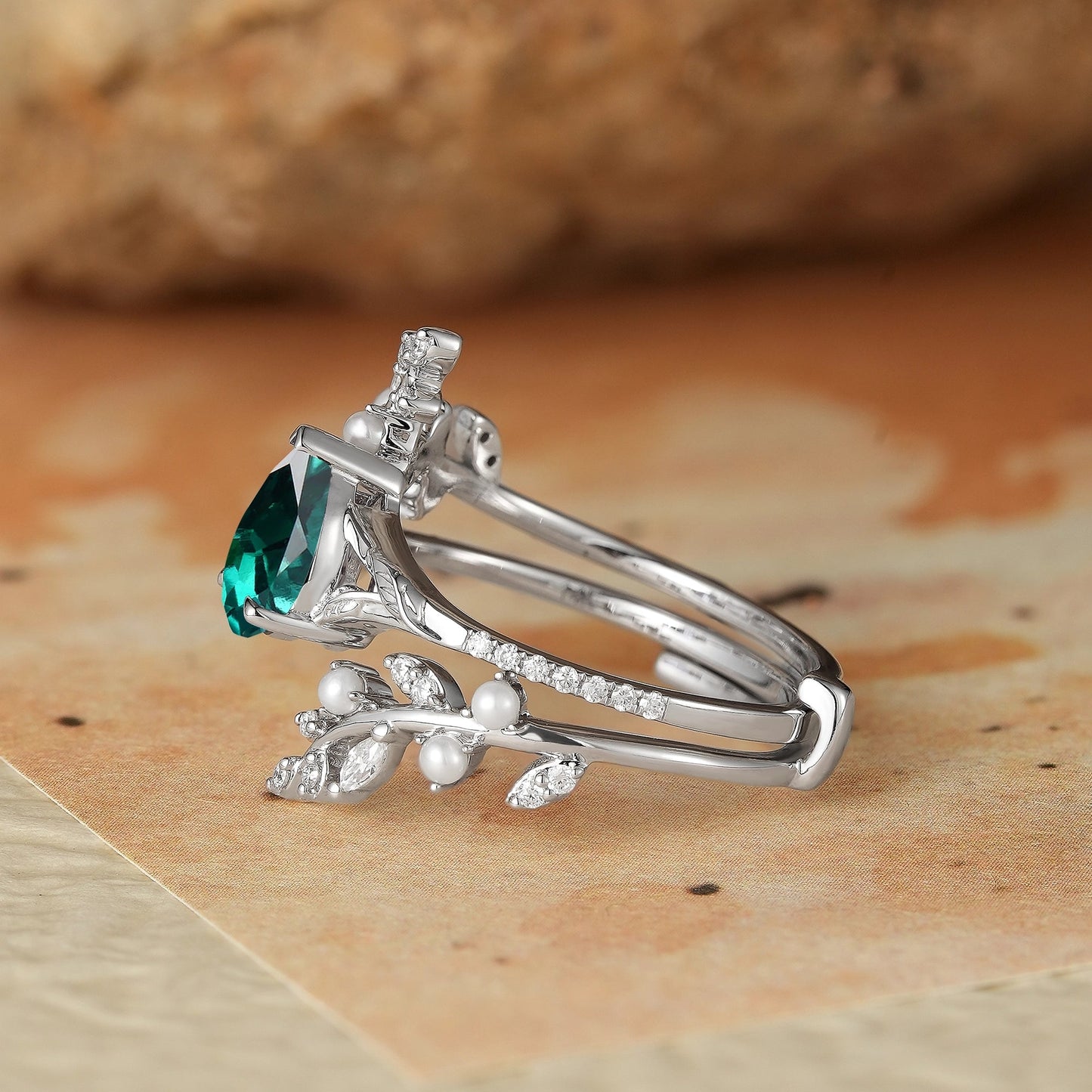 Aphrodite's Enchanted Vine | Emerald & Pearl Leaf Ring Set - Juniper - GemsMagic