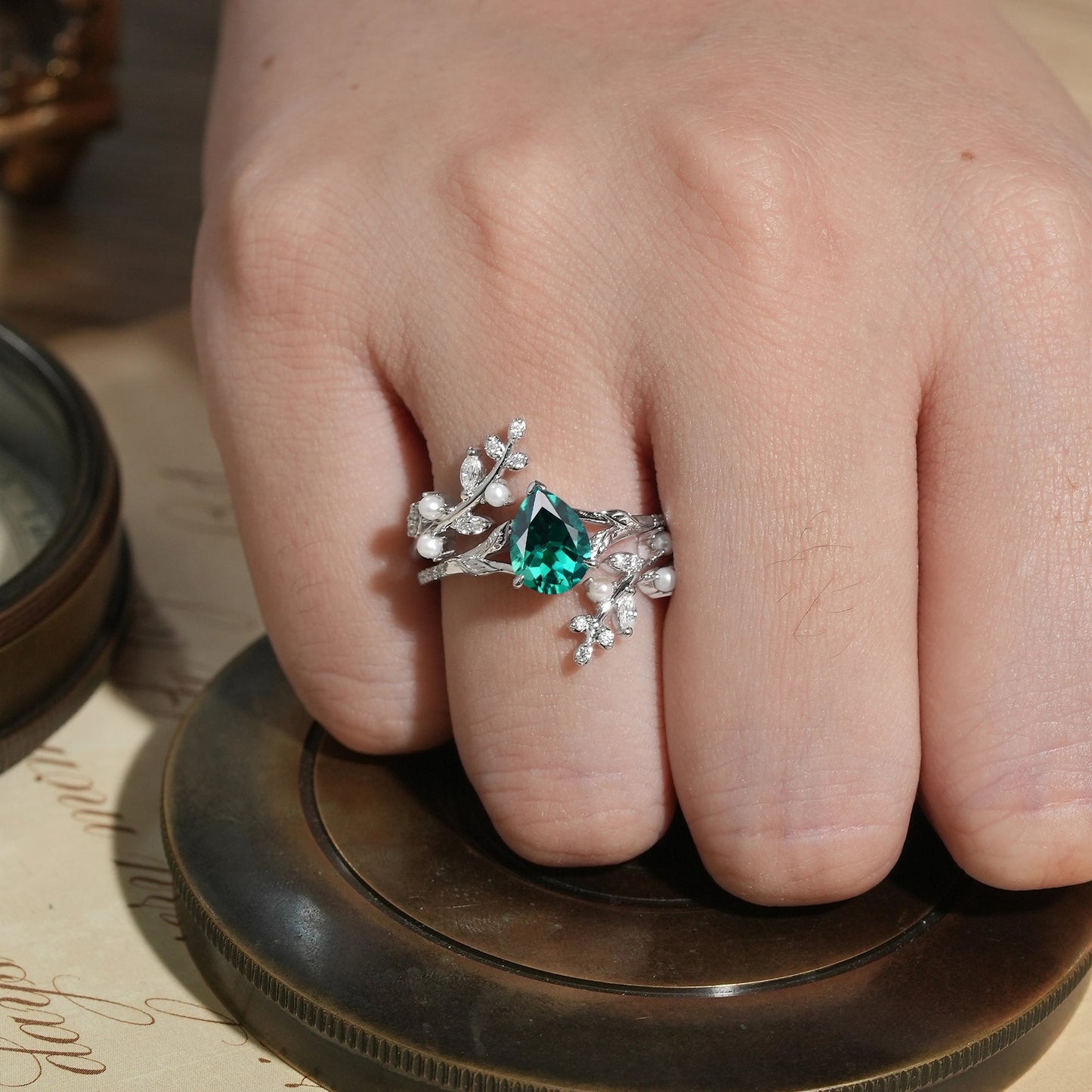 Aphrodite's Enchanted Vine | Emerald & Pearl Leaf Ring Set - Juniper - GemsMagic