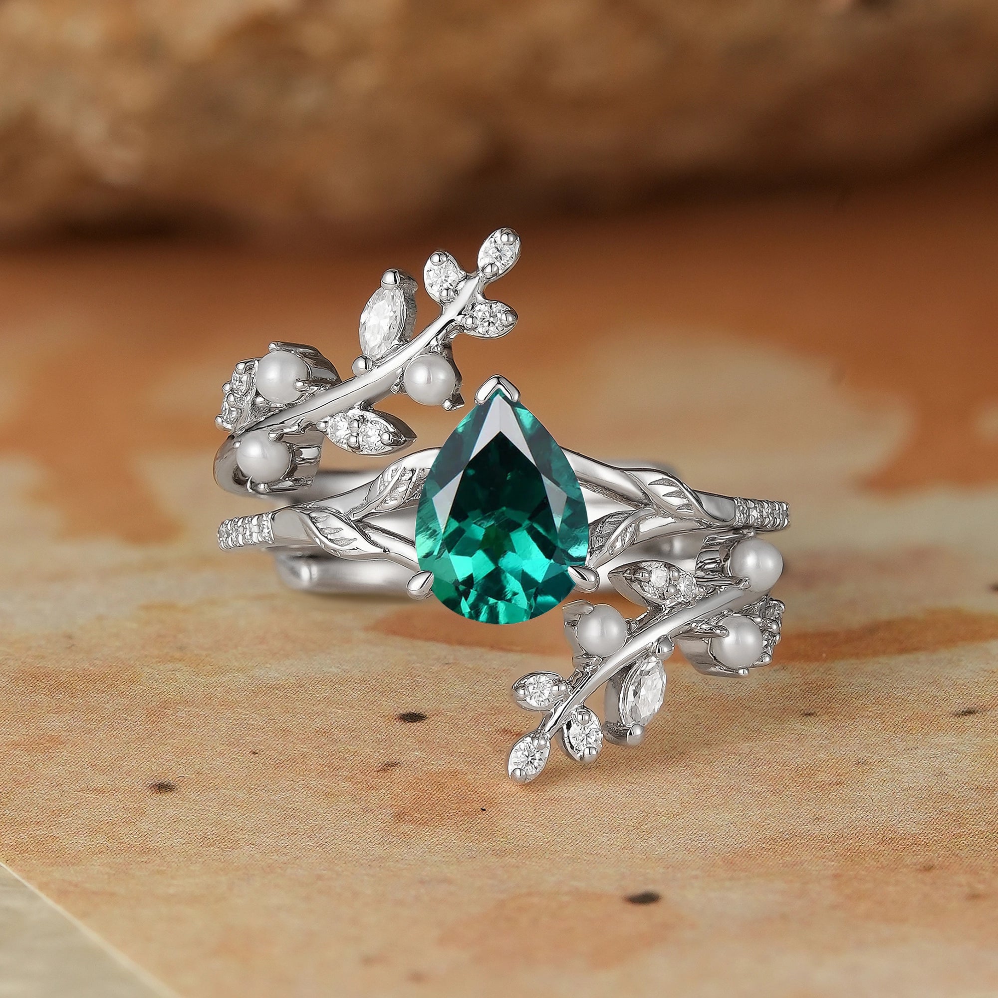 Aphrodite's Enchanted Vine | Emerald & Pearl Leaf Ring Set - Juniper - GemsMagic
