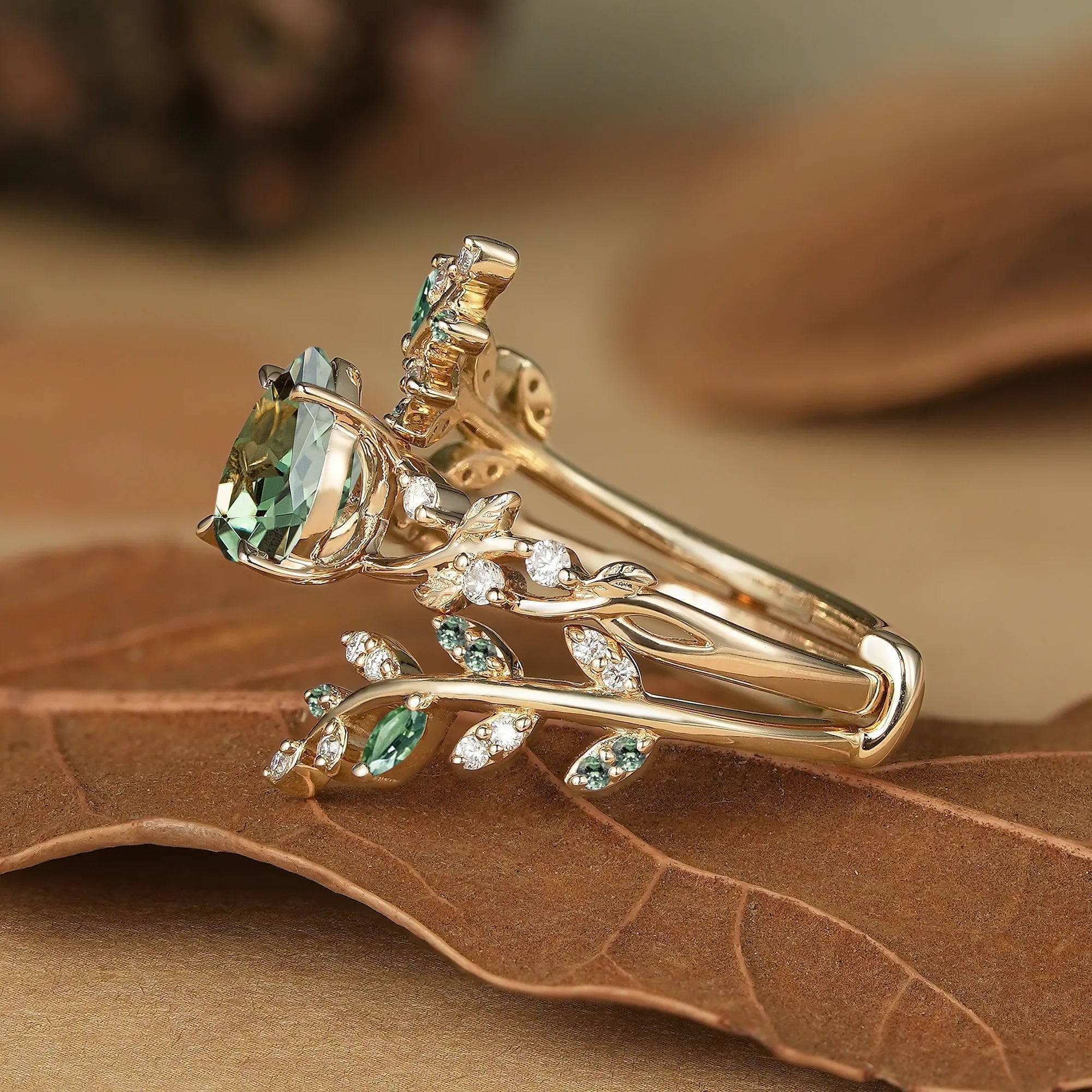 Aphrodite's Enchanted Vine| Green Sapphire Cross Leaf Ehancer Ring Set - Leah - GemsMagic