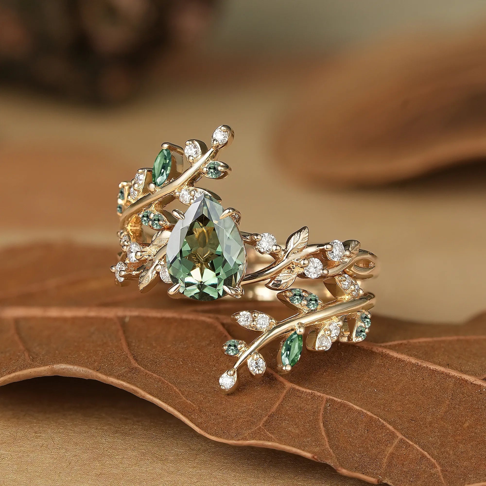 Aphrodite's Enchanted Vine| Green Sapphire Cross Leaf Ehancer Ring Set - Leah - GemsMagic