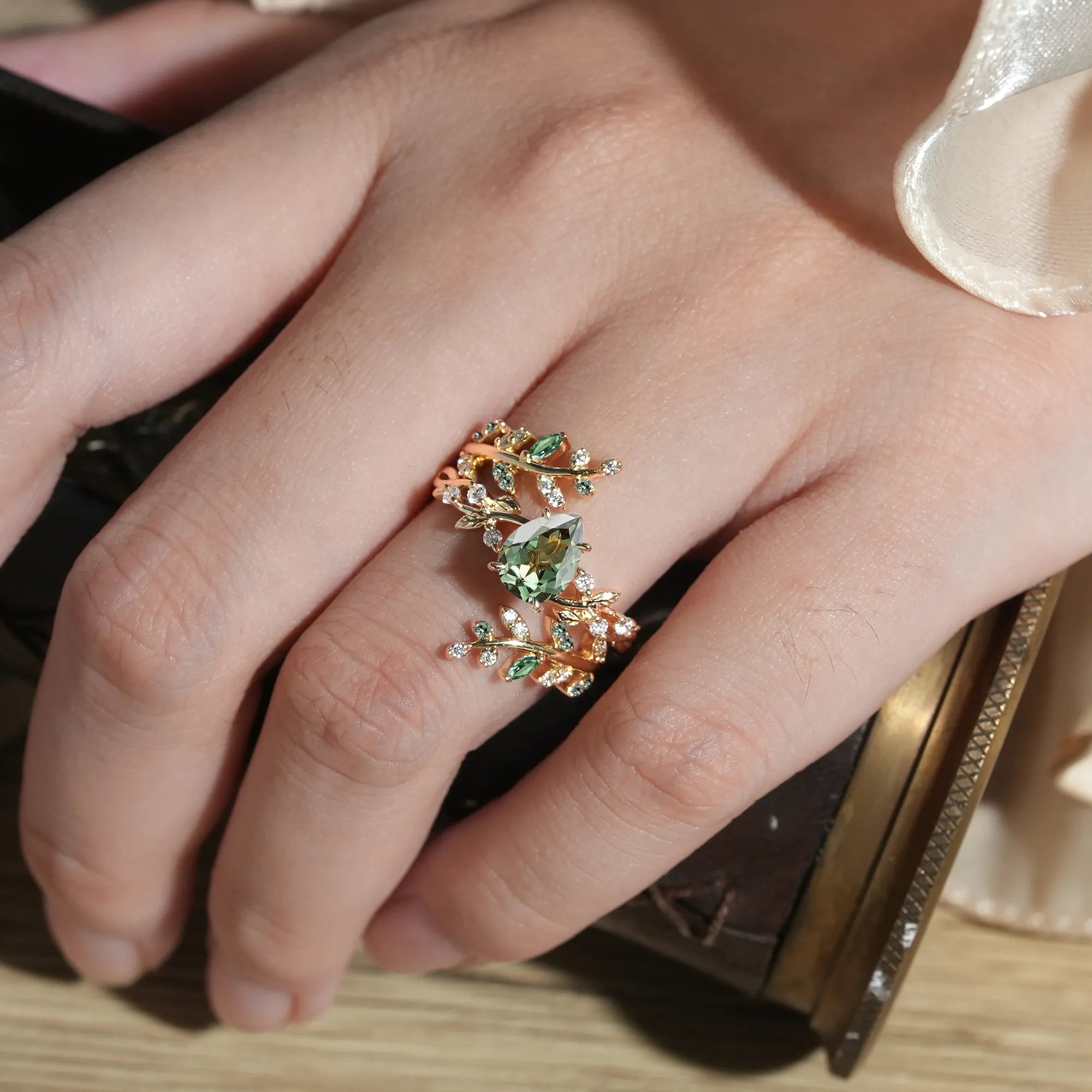 Aphrodite's Enchanted Vine| Green Sapphire Cross Leaf Ehancer Ring Set - Leah - GemsMagic