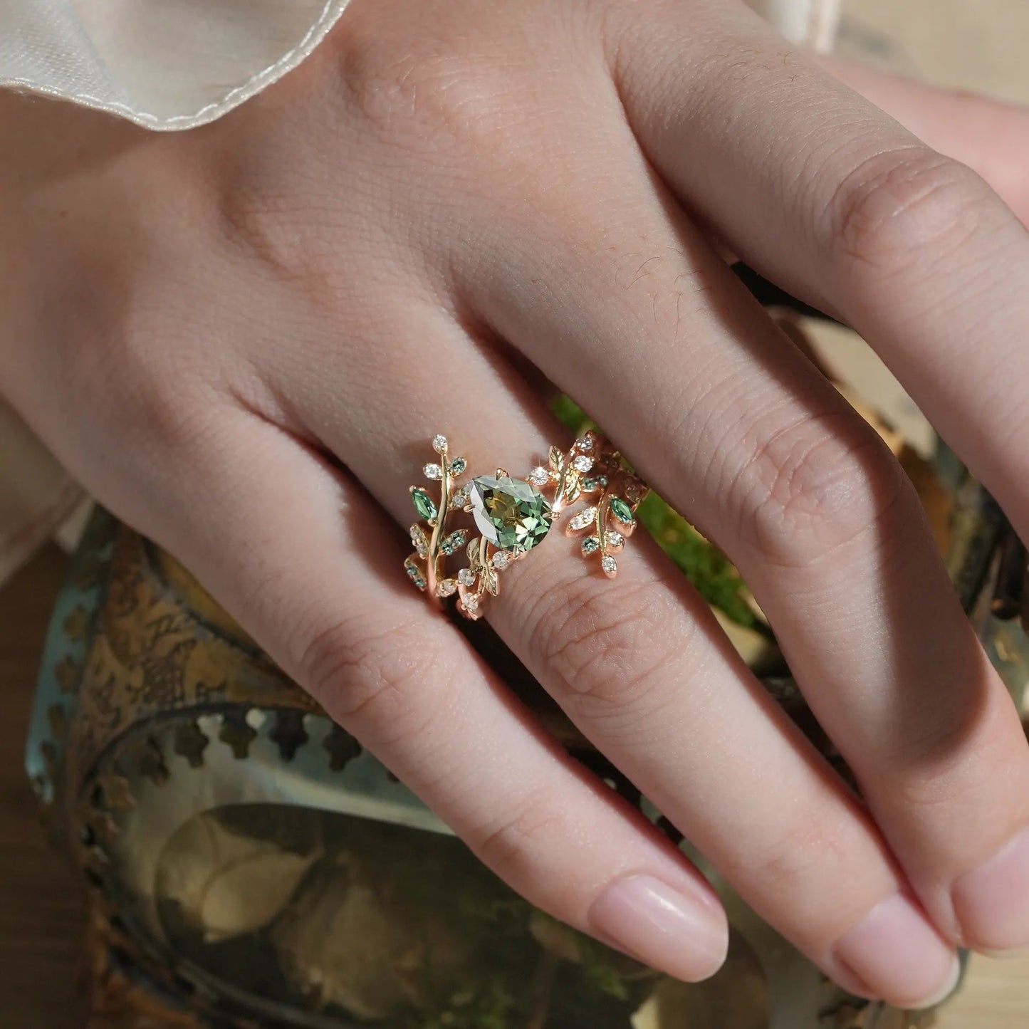 Aphrodite's Enchanted Vine| Green Sapphire Cross Leaf Ehancer Ring Set - Leah - GemsMagic