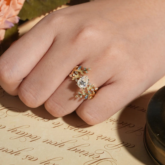 Aphrodite's Enchanted Vine | Moissanite Leaf Engagement Ring Set 2pcs - Vesper - GemsMagic