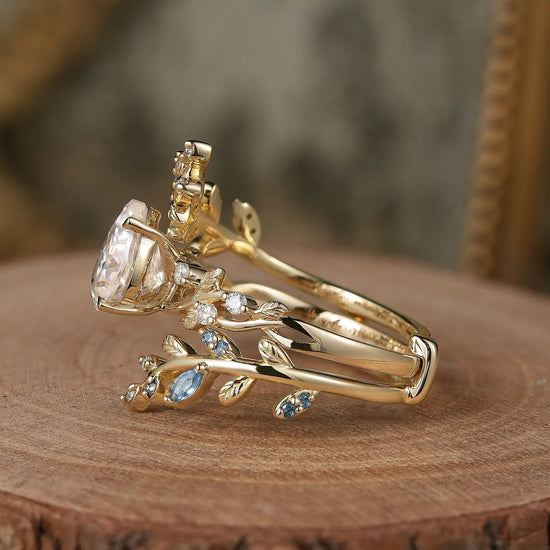 Aphrodite's Enchanted Vine | Moissanite Leaf Engagement Ring Set 2pcs - Vesper - GemsMagic