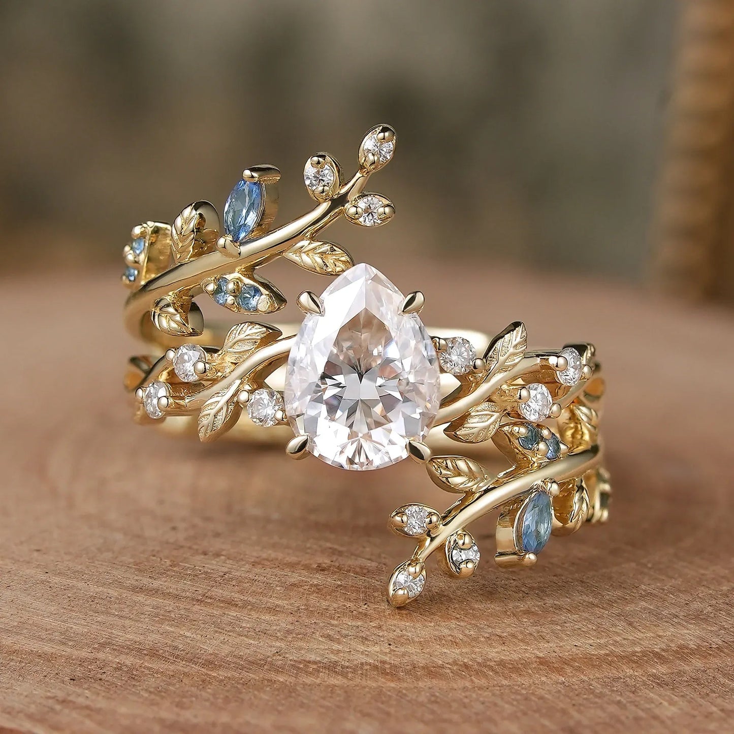 Aphrodite's Enchanted Vine | Moissanite Leaf Engagement Ring Set 2pcs - Vesper - GemsMagic