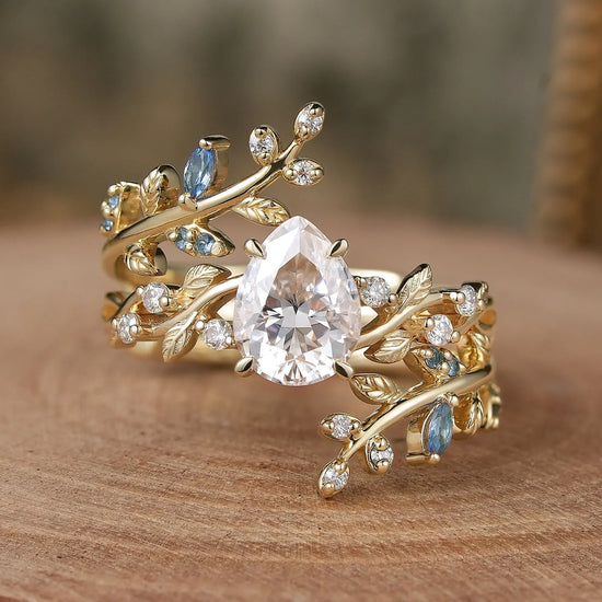 Aphrodite's Enchanted Vine | Moissanite Leaf Engagement Ring Set 2pcs - Vesper - GemsMagic