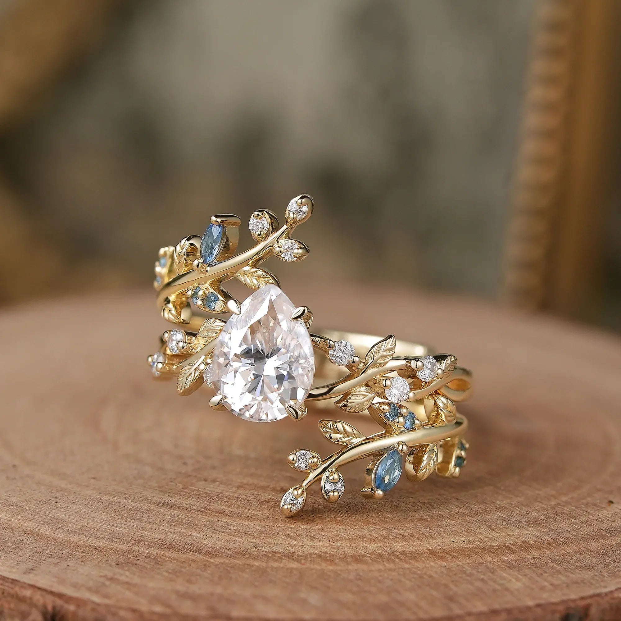 Aphrodite's Enchanted Vine | Moissanite Leaf Engagement Ring Set 2pcs - Vesper - GemsMagic