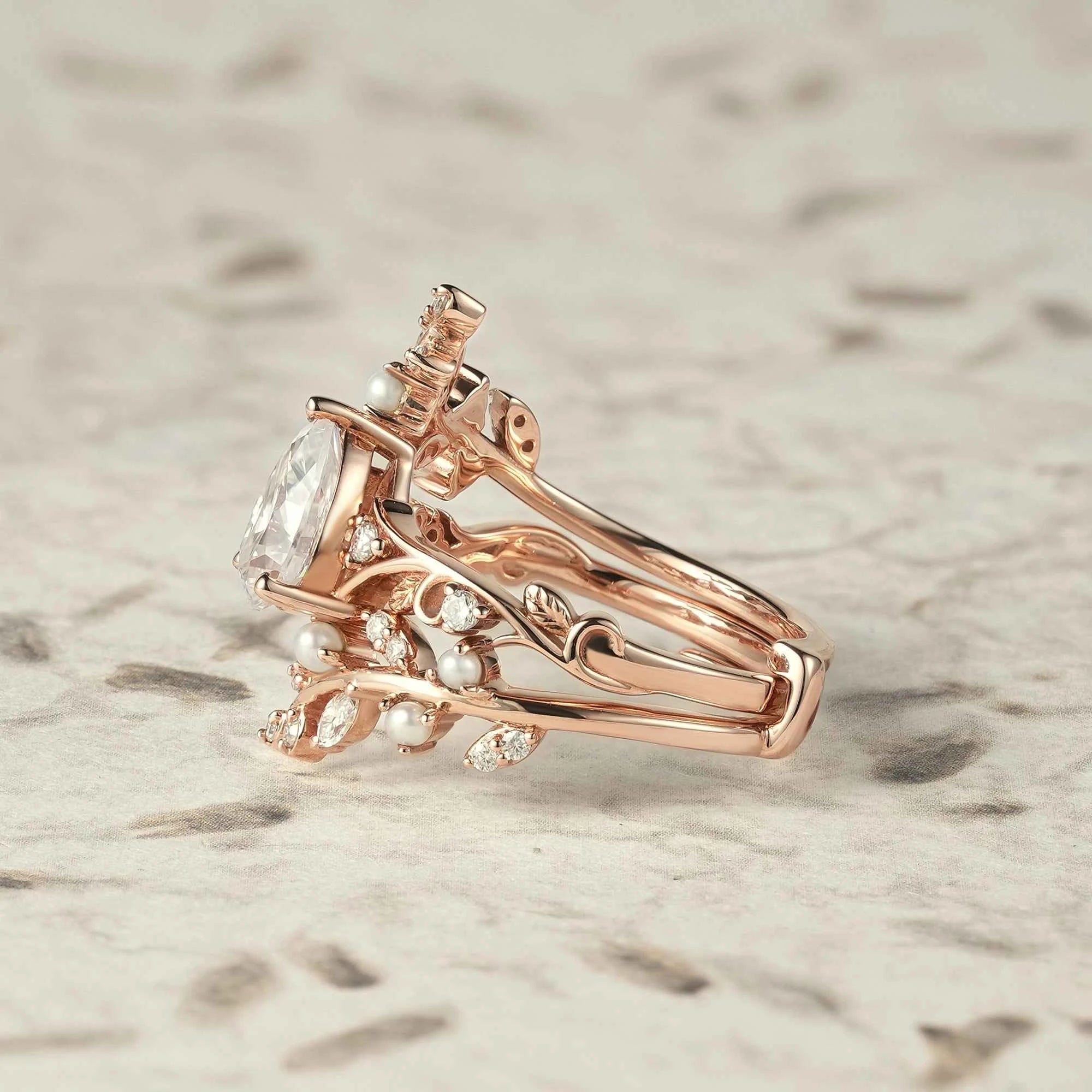 Aphrodite's Enchanted Vine | Moissanite & Pearl Ring Set - Siobhan - GemsMagic