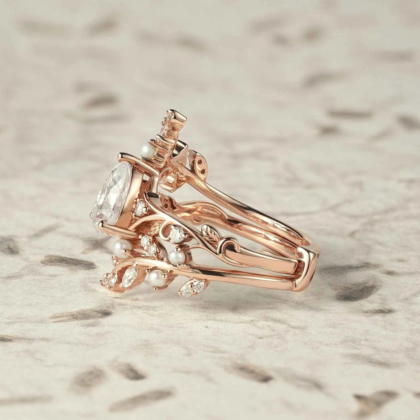 Aphrodite's Enchanted Vine | Moissanite & Pearl Ring Set - Siobhan - GemsMagic