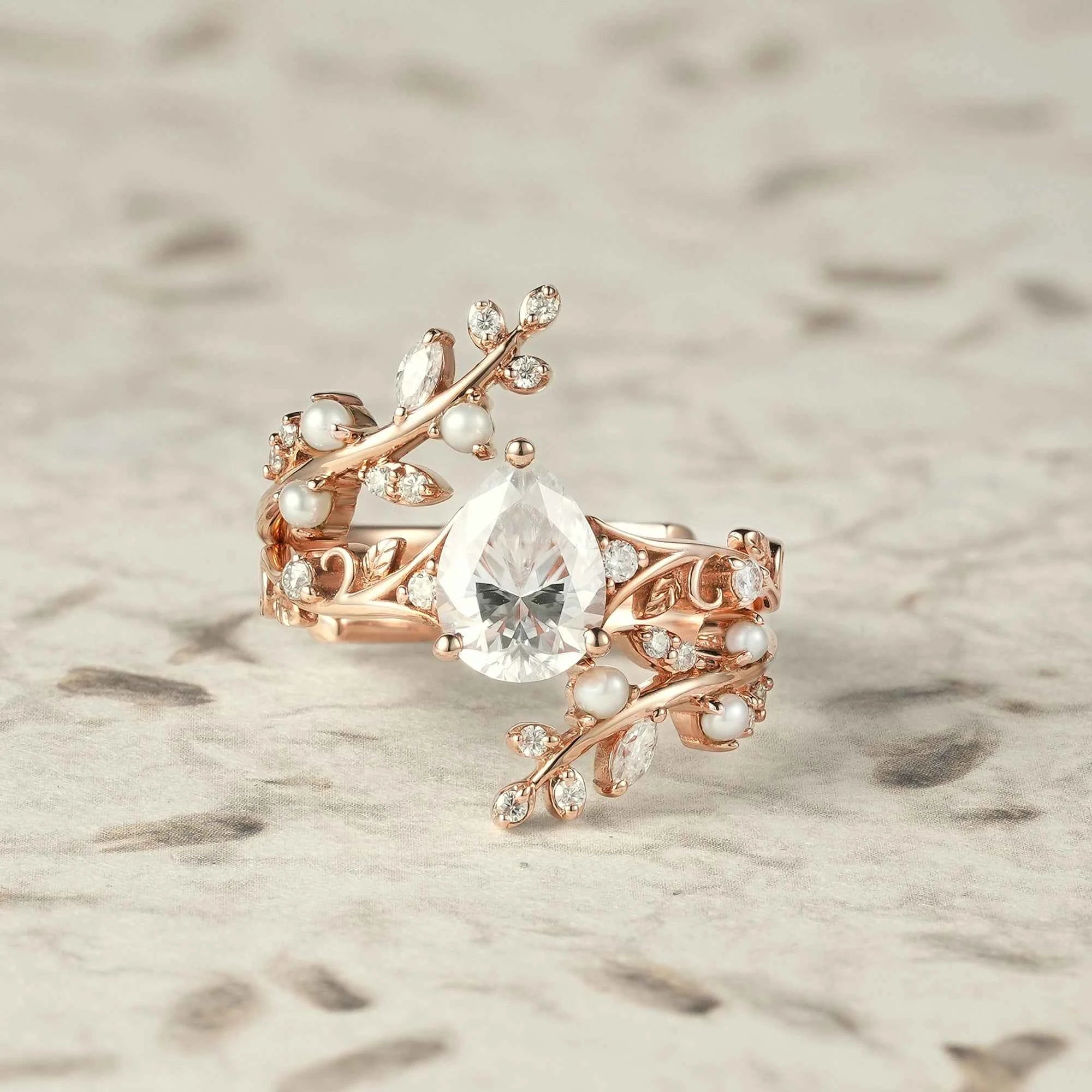 Aphrodite's Enchanted Vine | Moissanite & Pearl Ring Set - Siobhan - GemsMagic