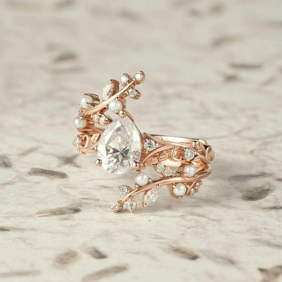 Aphrodite's Enchanted Vine | Moissanite & Pearl Ring Set - Siobhan - GemsMagic