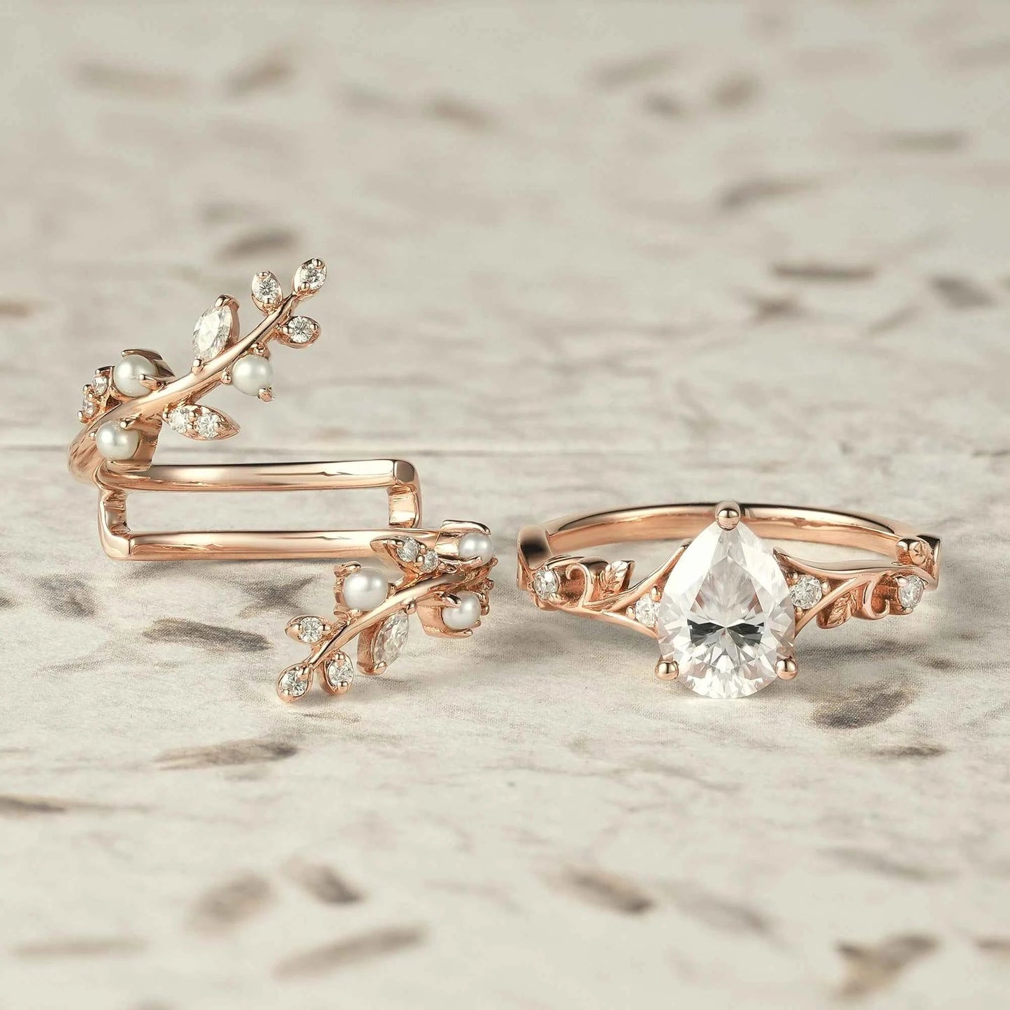 Aphrodite's Enchanted Vine | Moissanite & Pearl Ring Set - Siobhan - GemsMagic