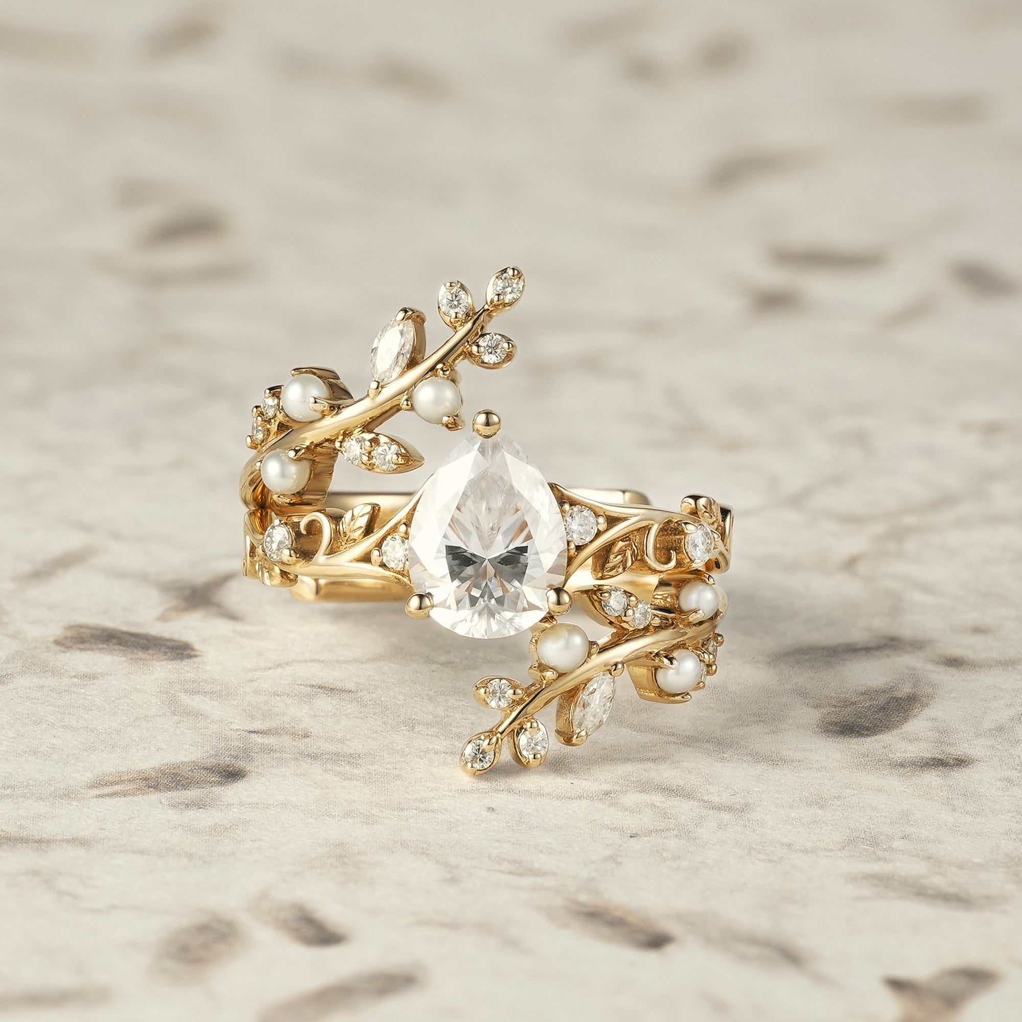 Aphrodite's Enchanted Vine | Moissanite & Pearl Ring Set - Siobhan - GemsMagic